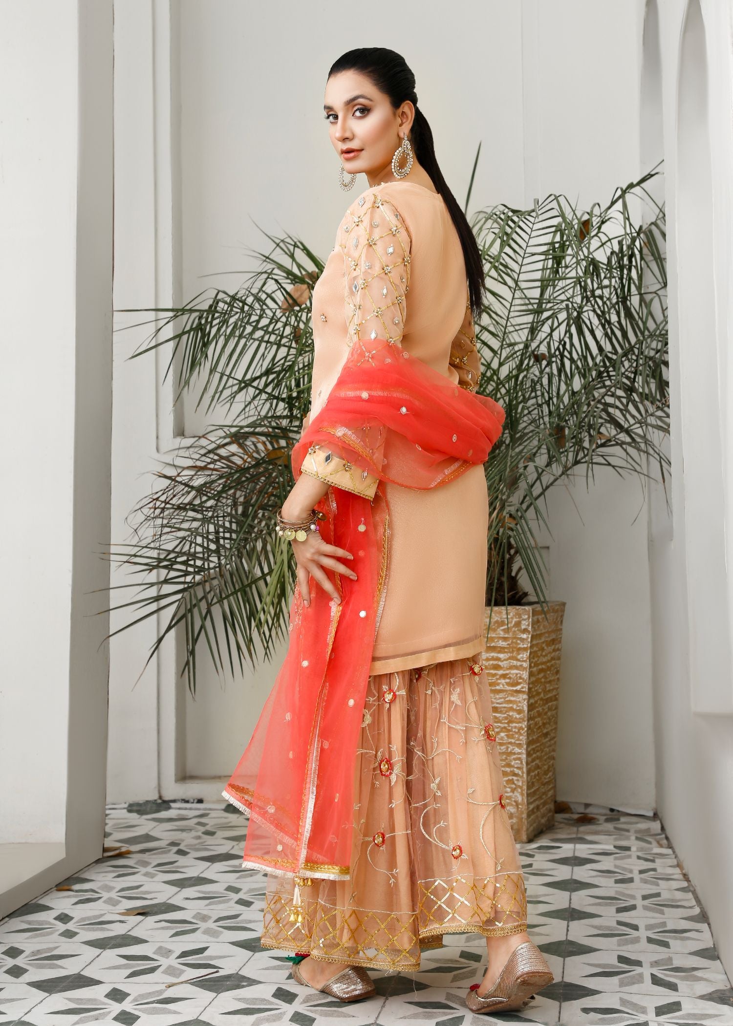 bemberg crinkle chiffon Gharara in Peach pink