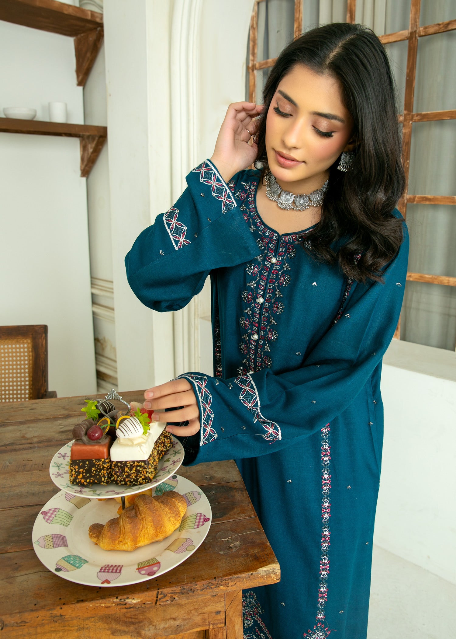 peach wool Kurta Set in Teal