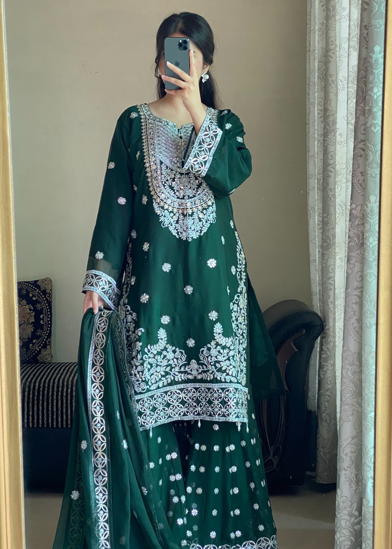 chiffon Gharara in Bottle green