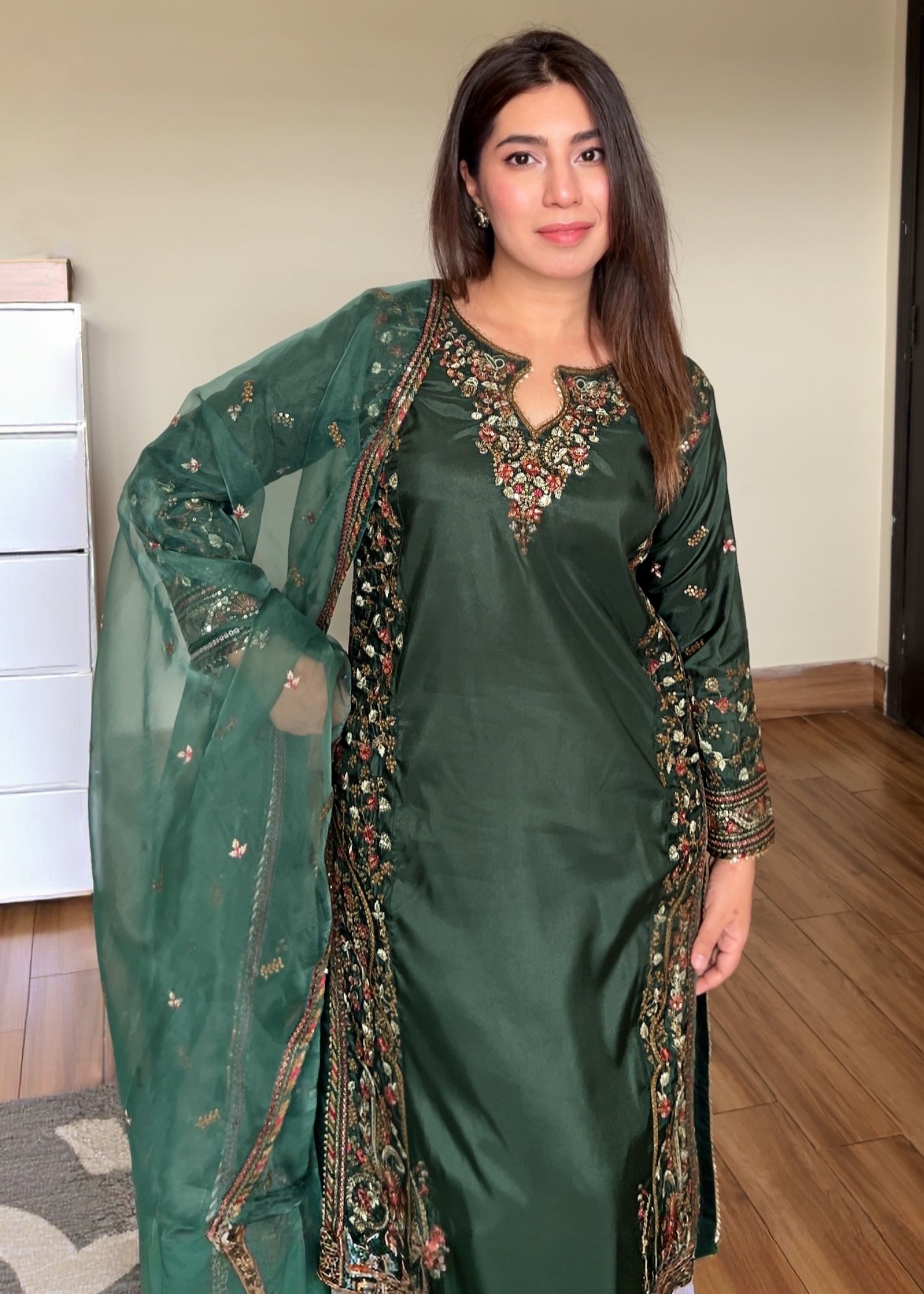 silk Kurta Set in Dark green