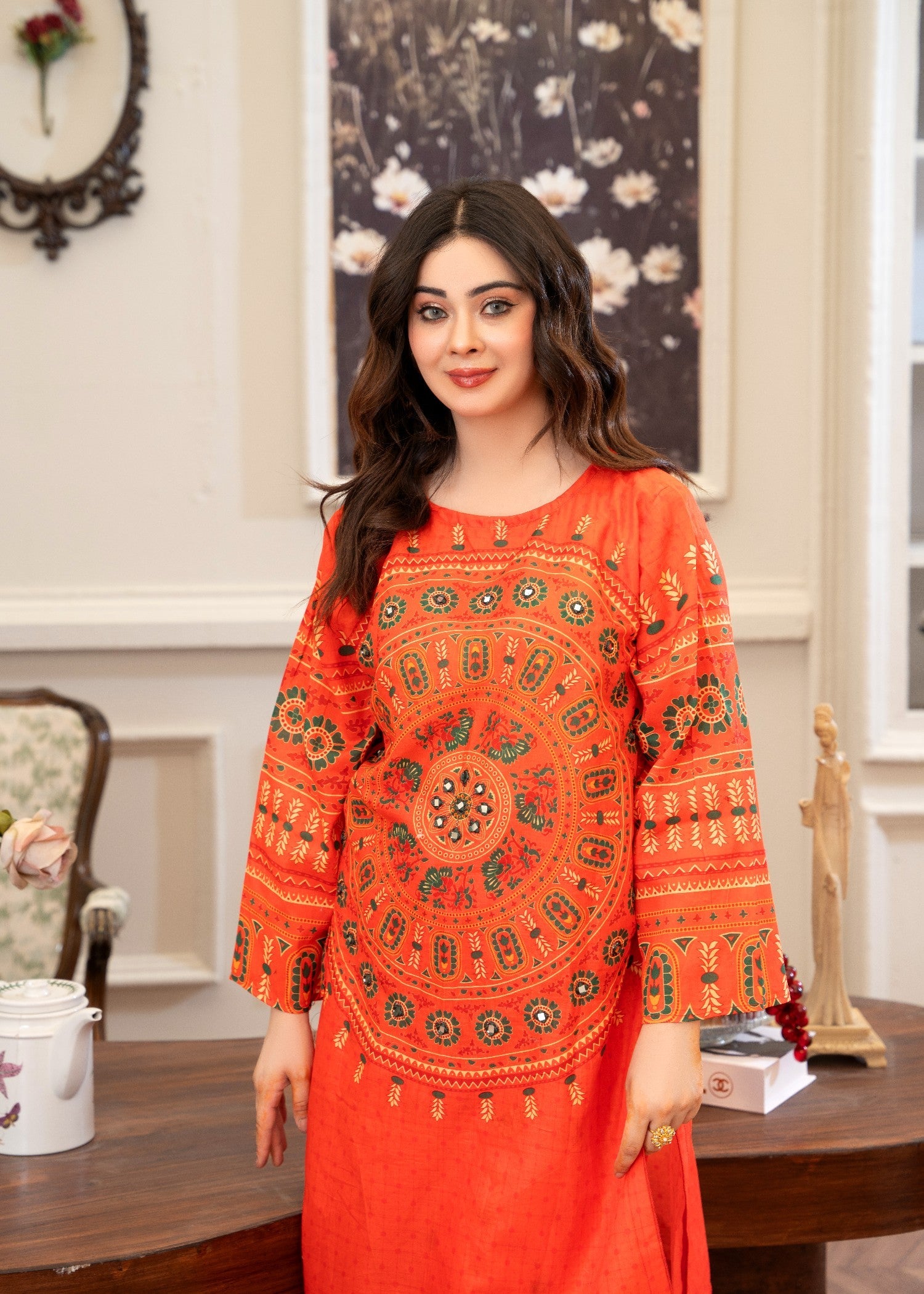 lawn cotton Kurta Set in Orange