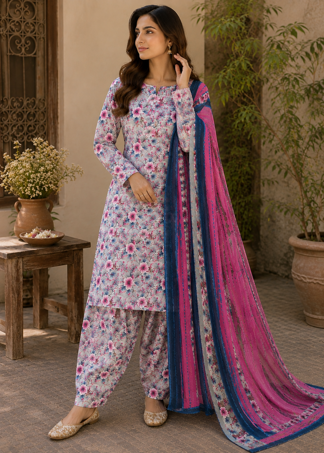 swiss lawn Unstitched in Blue, bubblegum pink