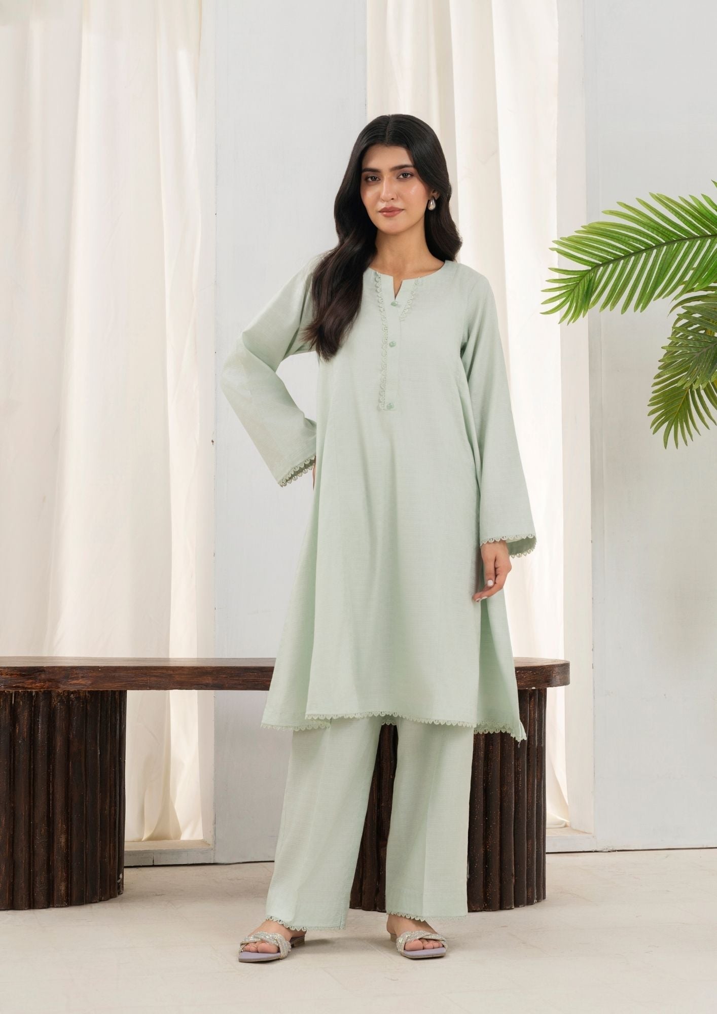 lawn cotton Short Frock in Tea green