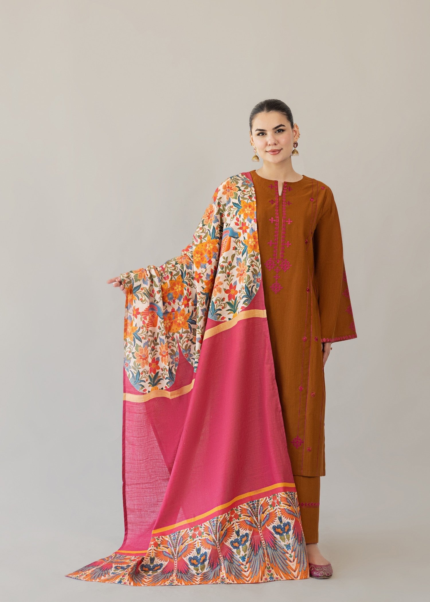 slub khaddar Kurta Set in Brown