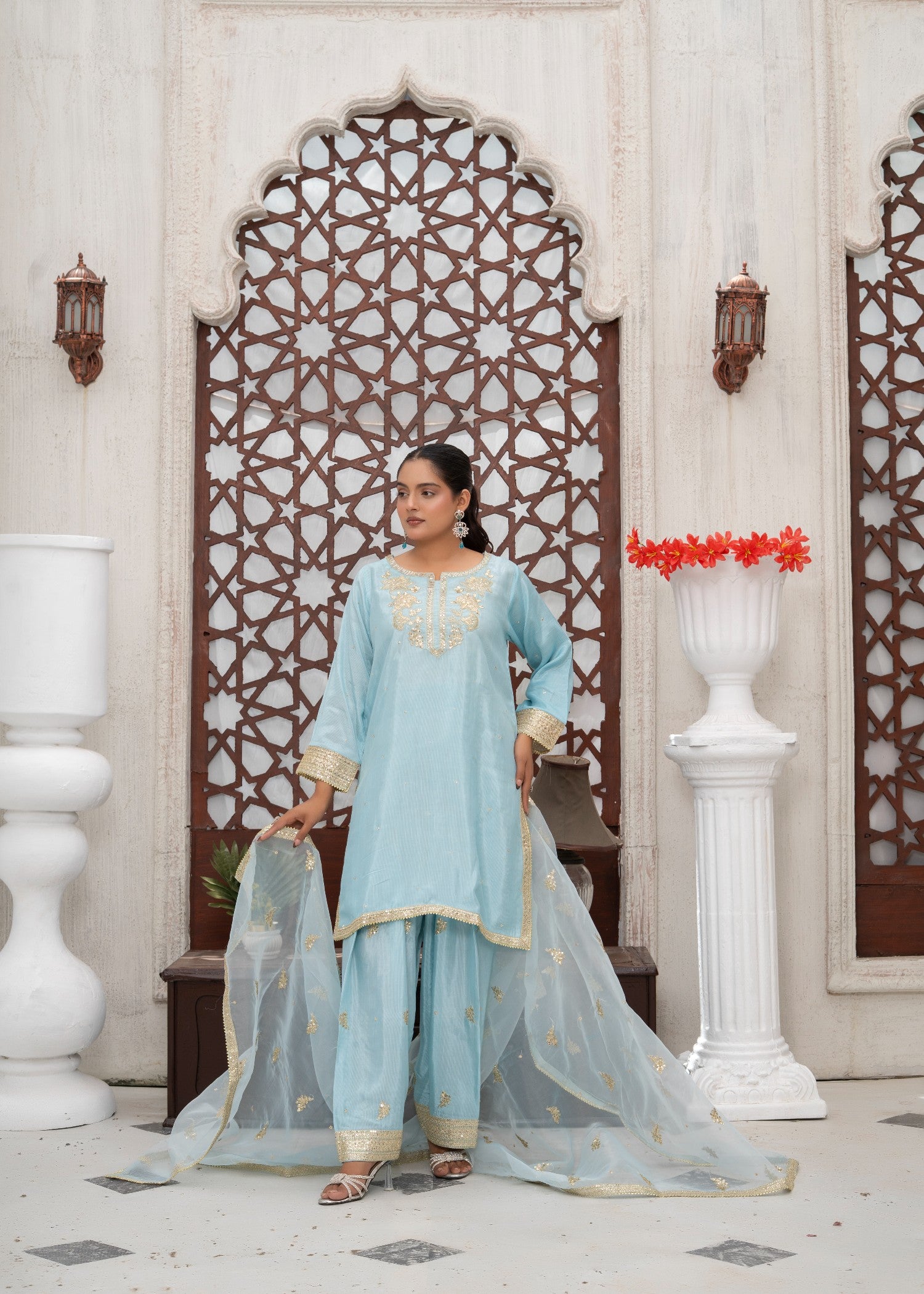 raw silk Kurta Set in Pacific blue