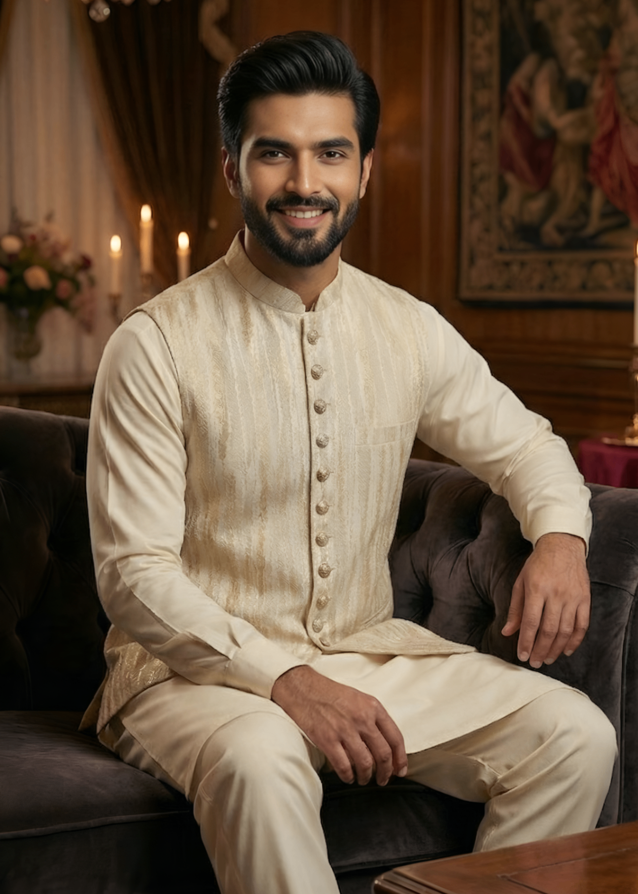 jamawar Waistcoat in Cream
