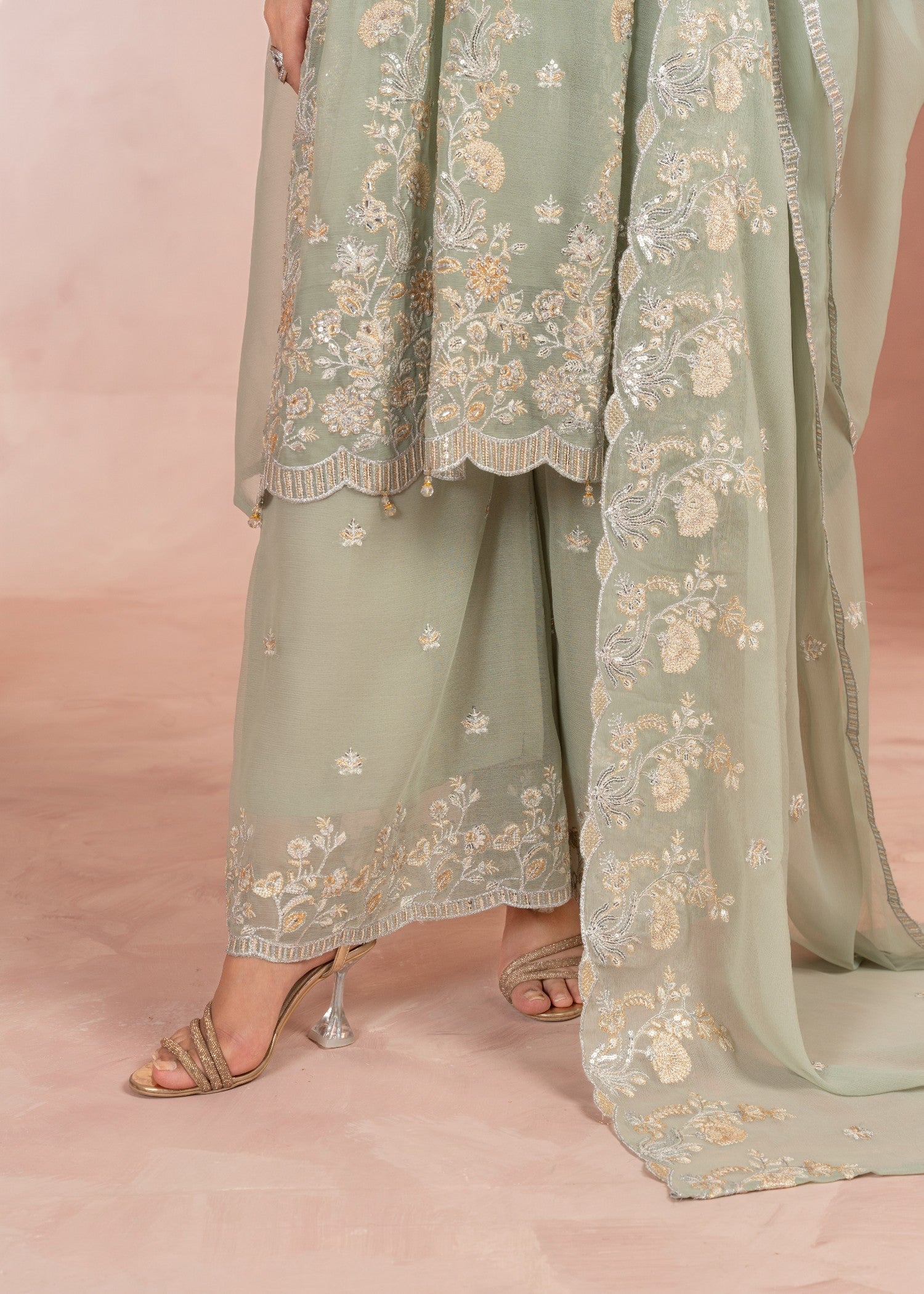 bemberg crinkle chiffon Short Frock in Pistachio green