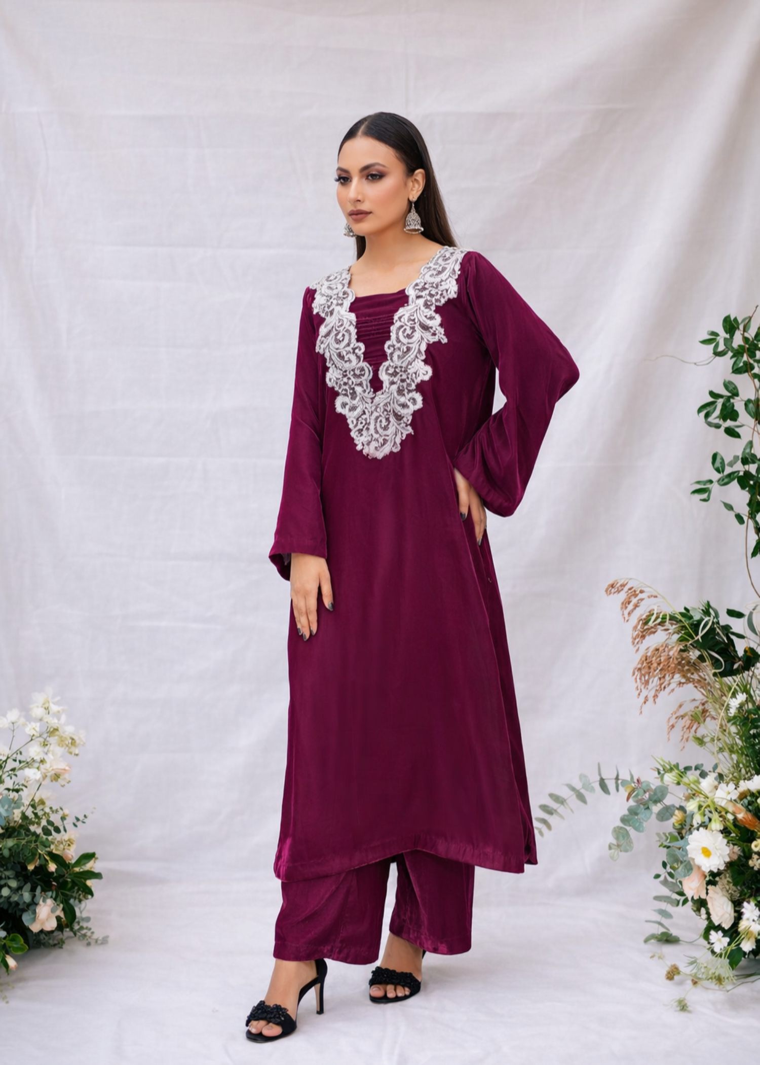 velvet Kurta Set in Plum