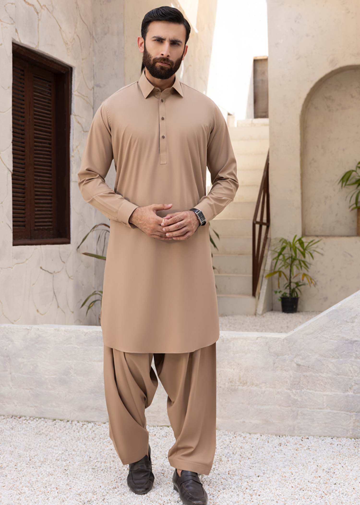 wash & wear Shalwar Kameez in Khaki brown
