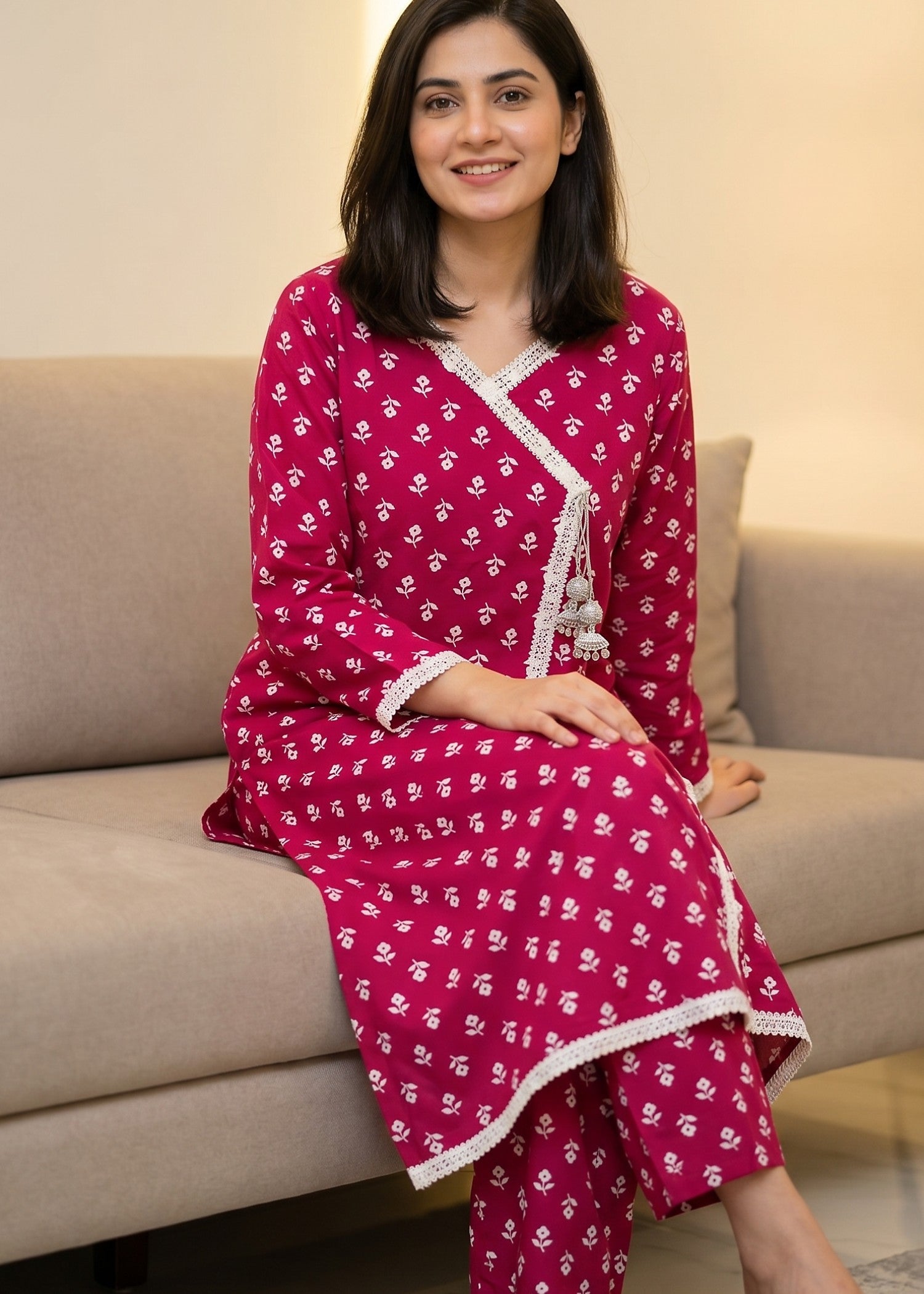 lawn Angrakha in Hot pink