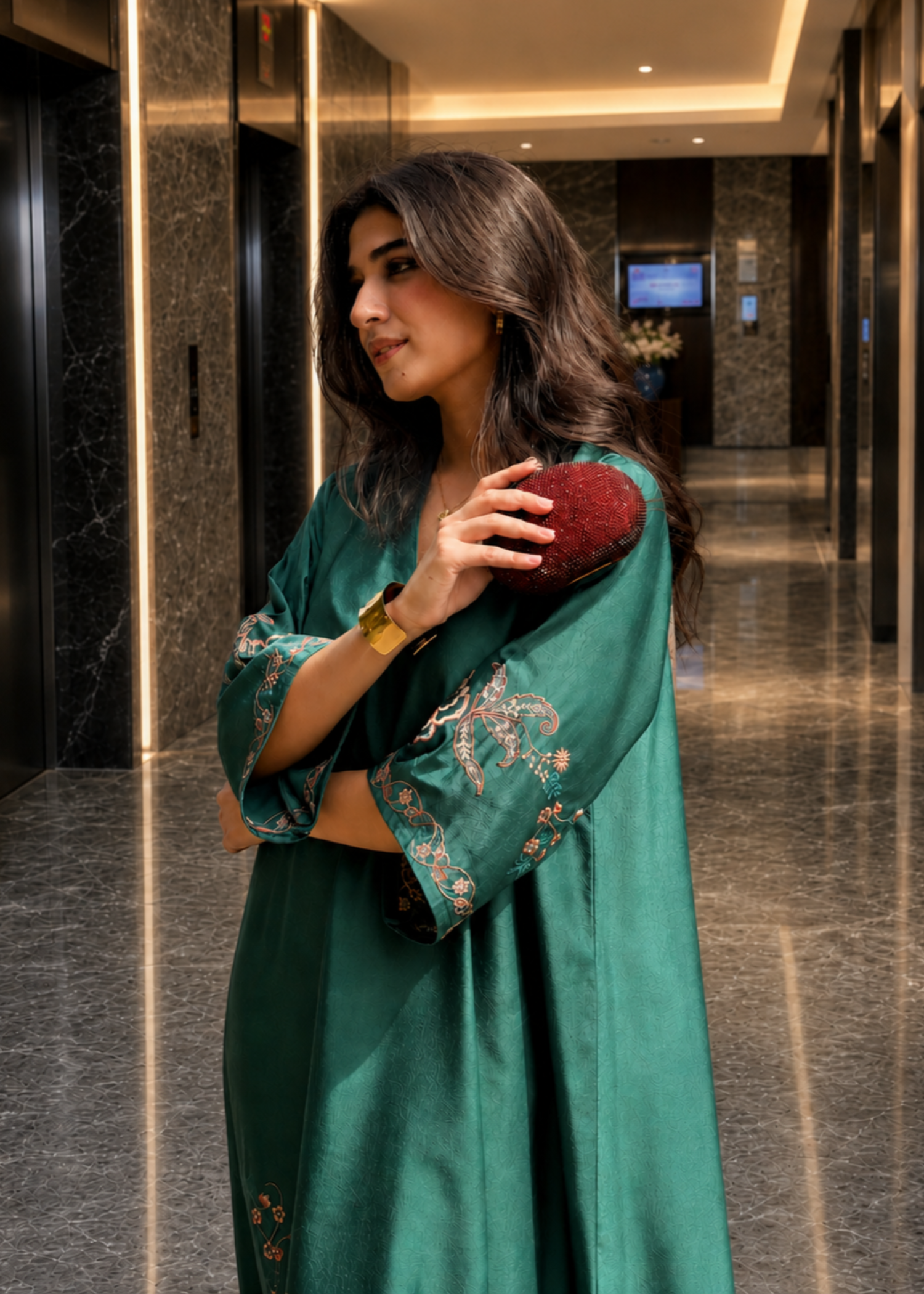 satin silk Kaftan in Emerald green