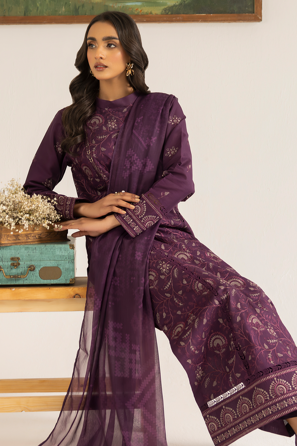 lawn Kurta Set in Plum purple