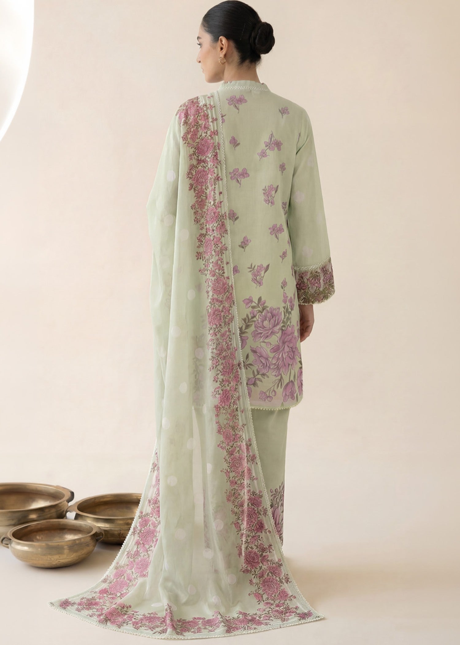 lawn cotton Kurta Set in Pistachio green