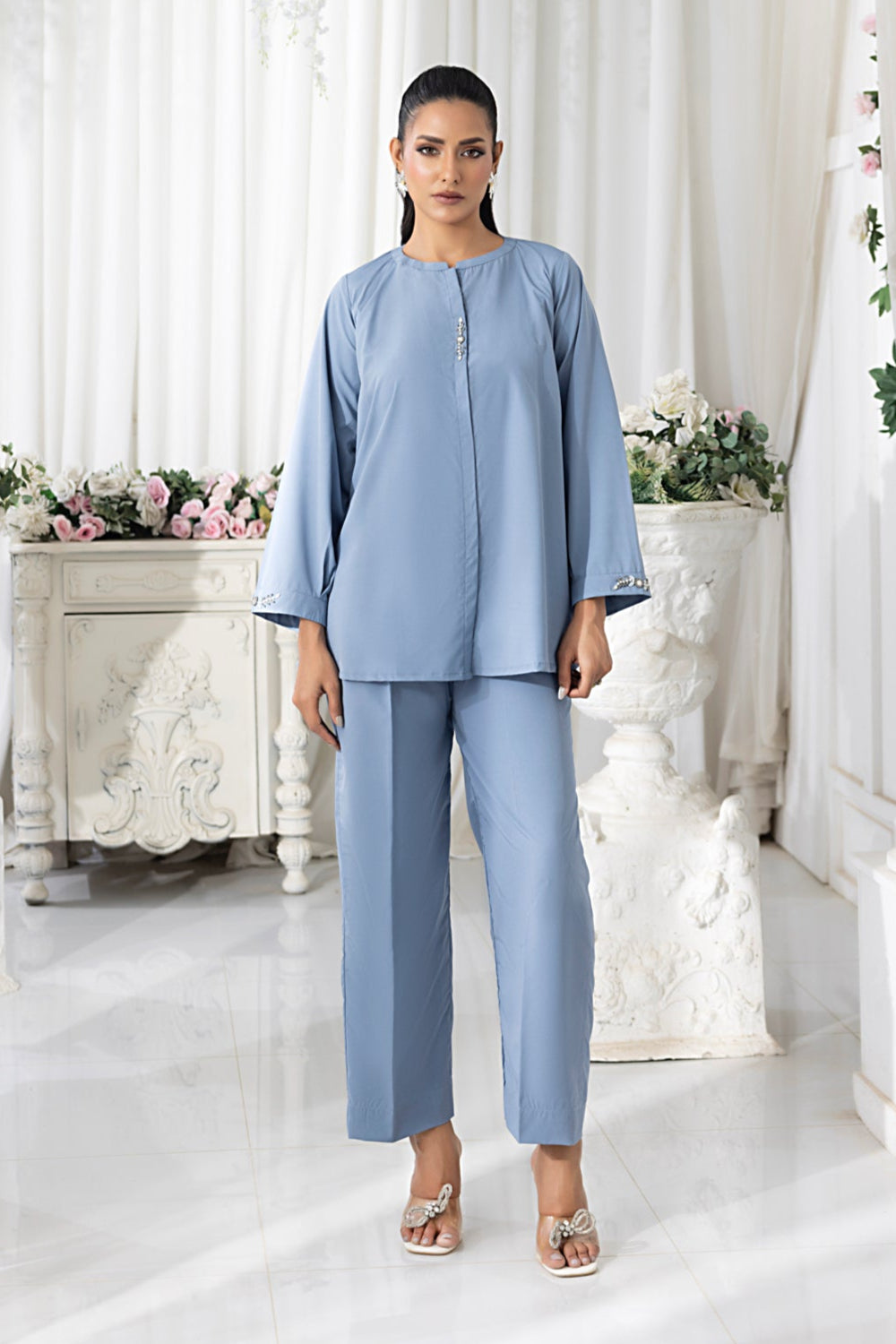 crepe Co ord Sets in Cornflower blue