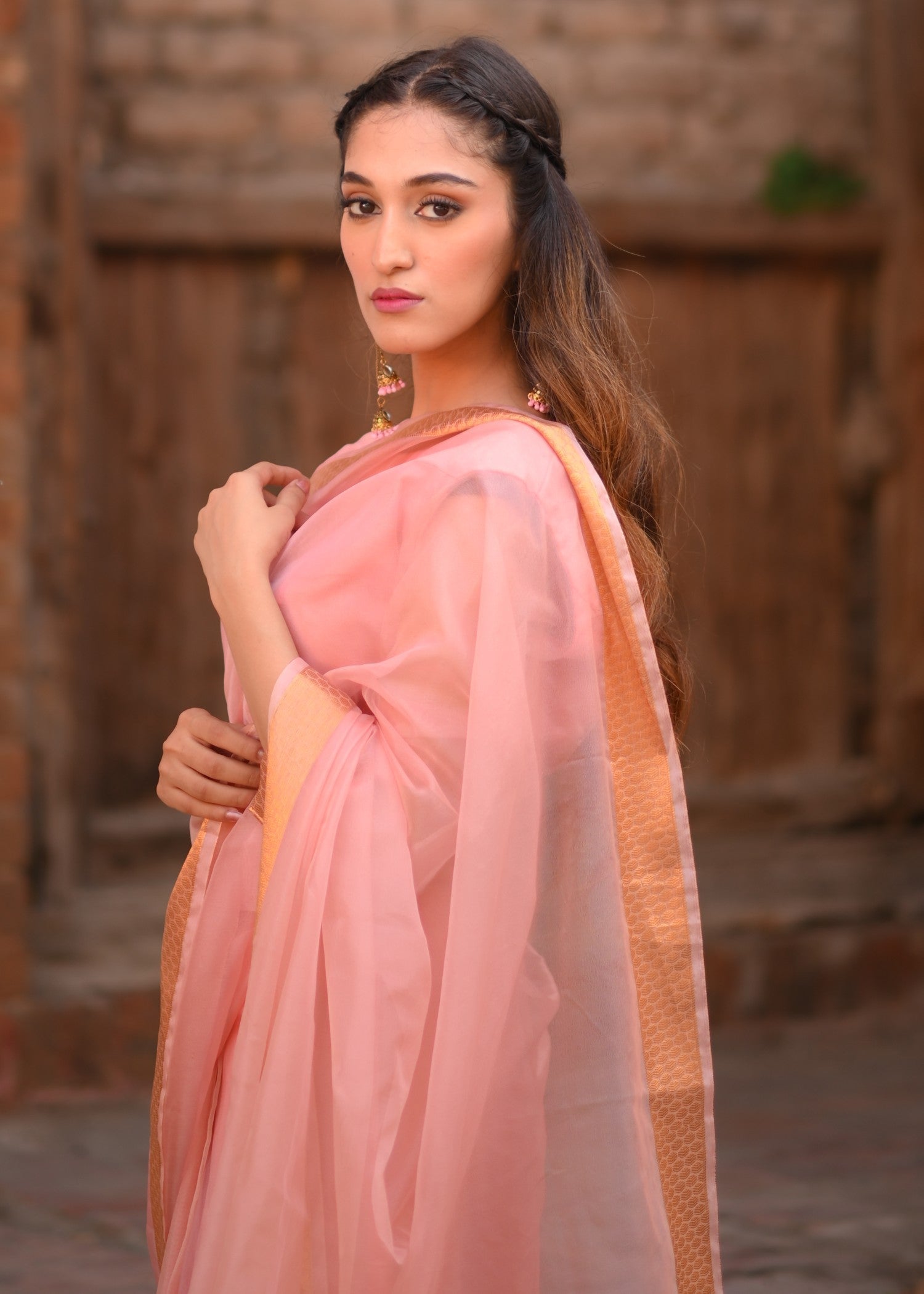 zari organza Saree in Blush pink