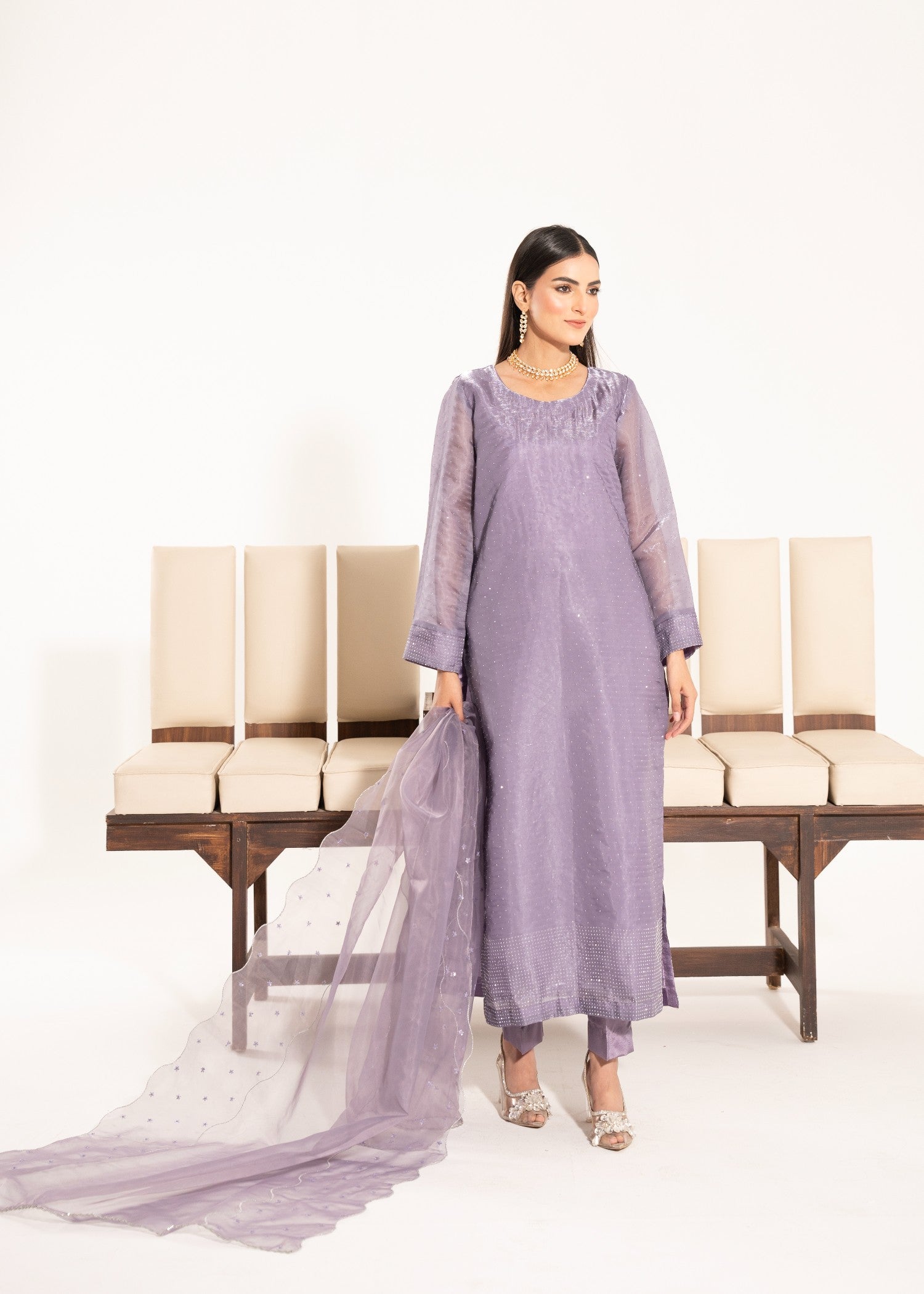 silk tissue Kurta Set in Lavender