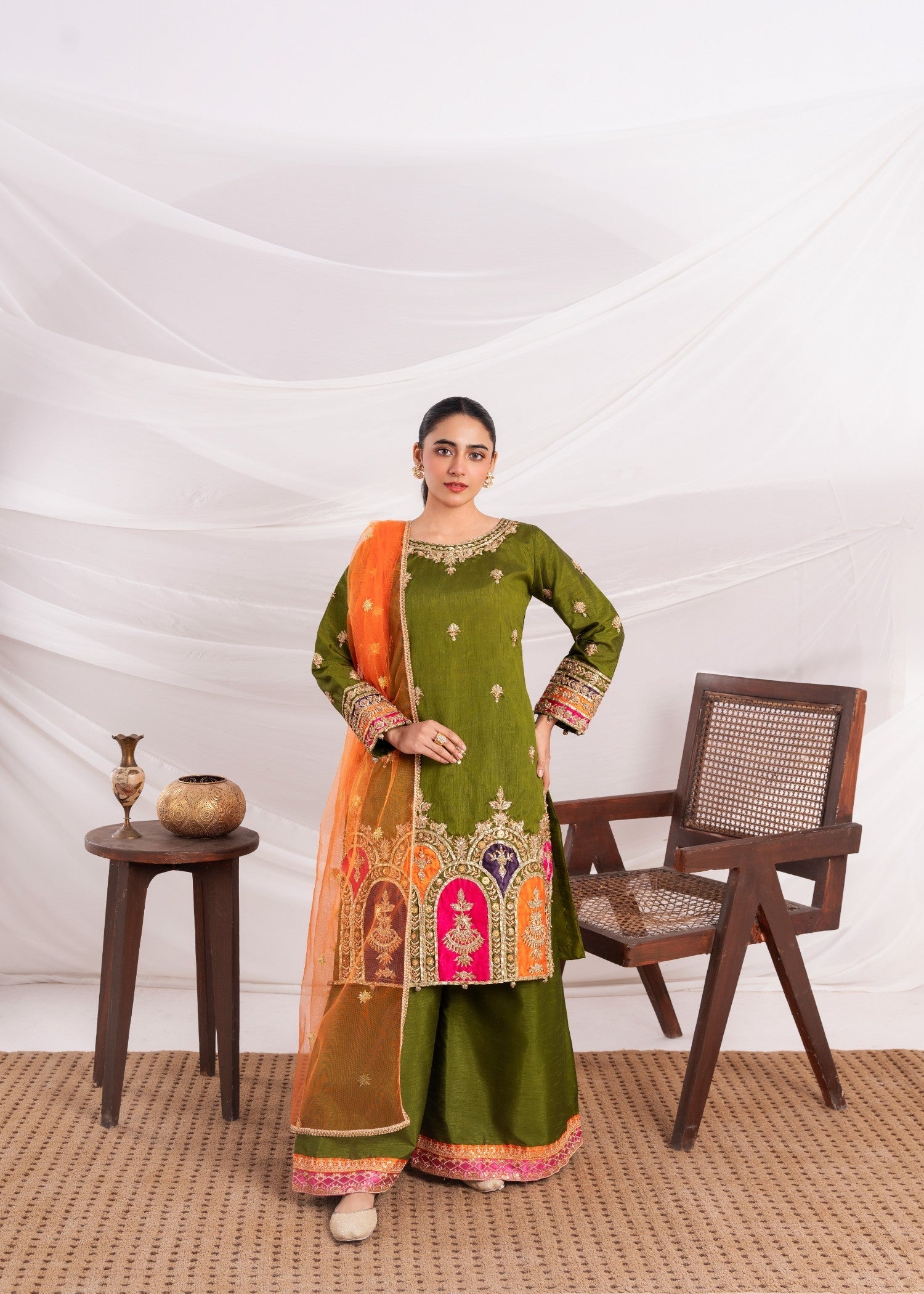 raw silk Sharara in Olive green