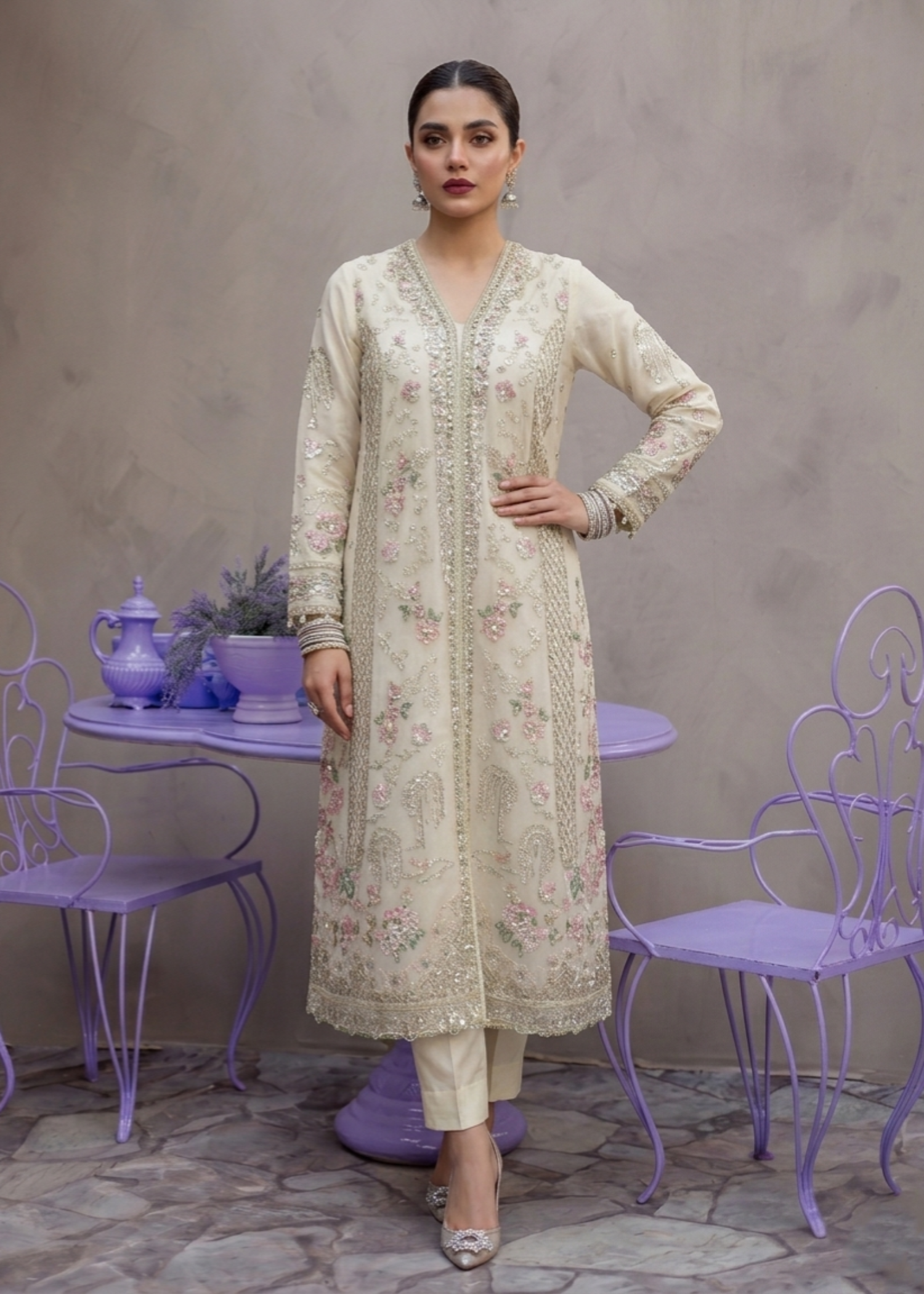organza Kurta Set in Off-white