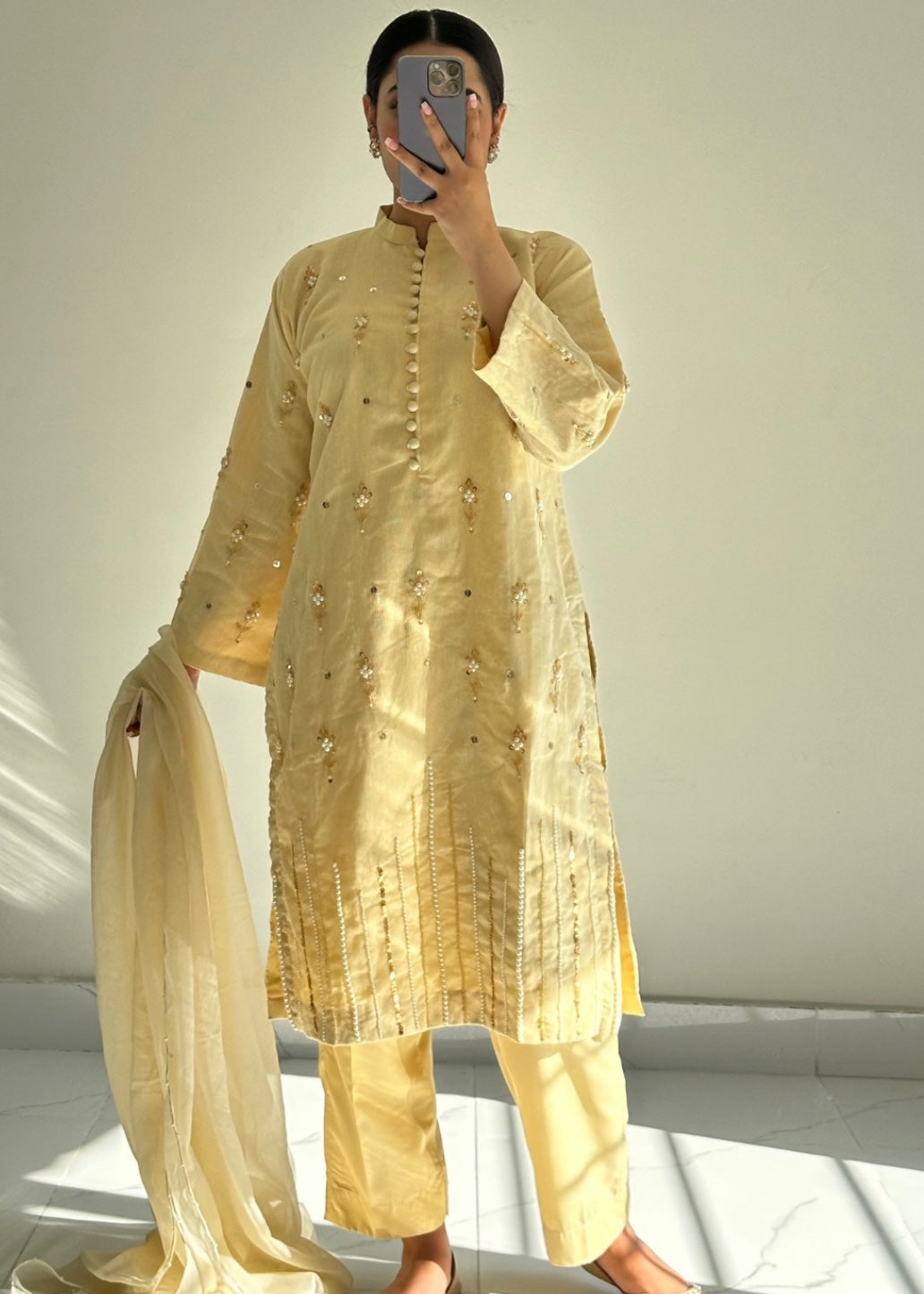 cotton karandi Kurta Set in Beige