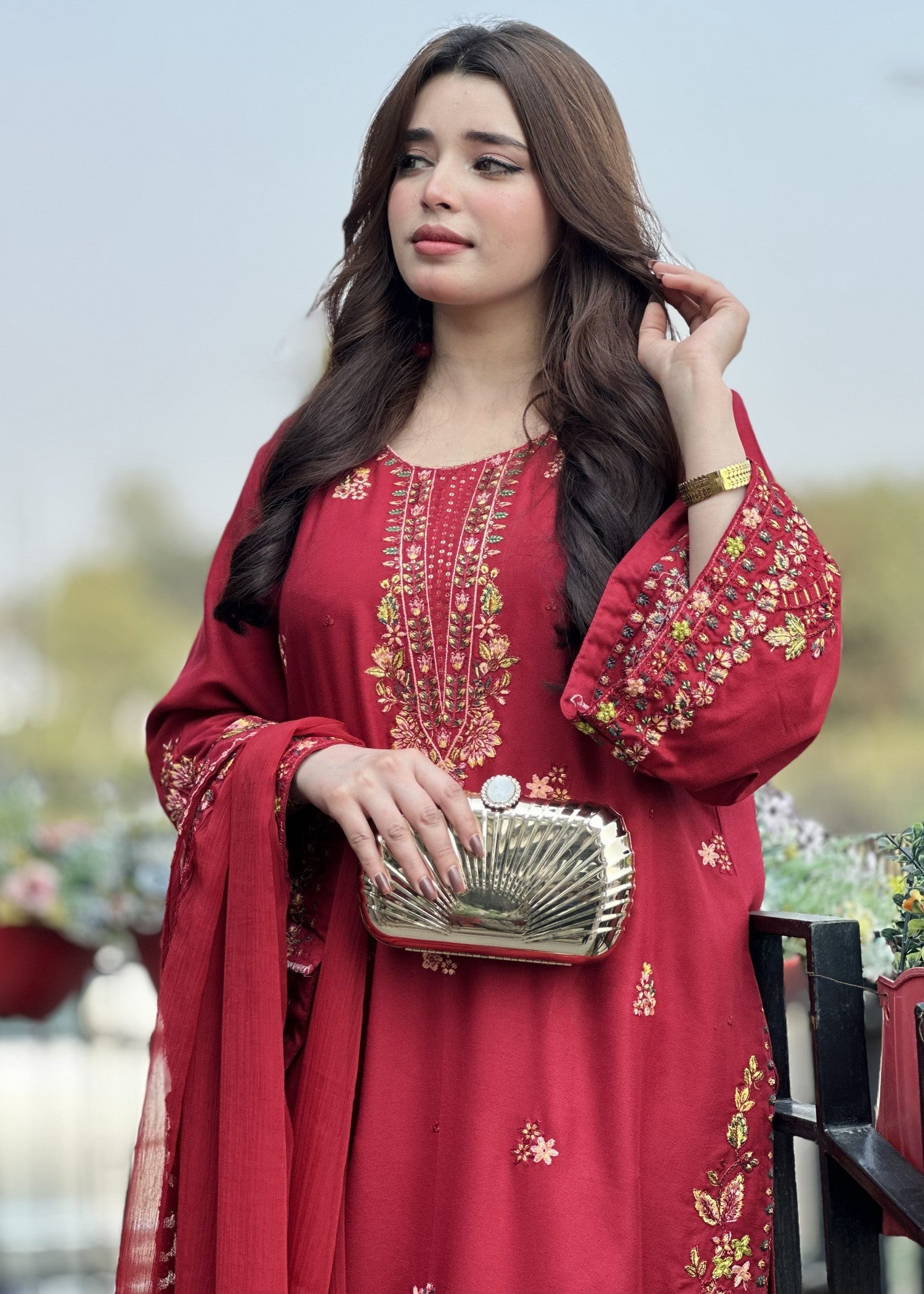 lawn cotton Kurta Set in Amaranth