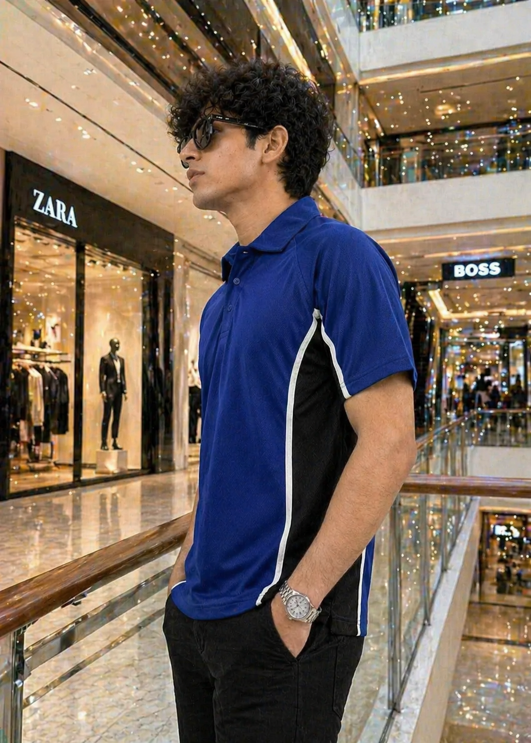 polyester Polo Shirt in Black, royal blue
