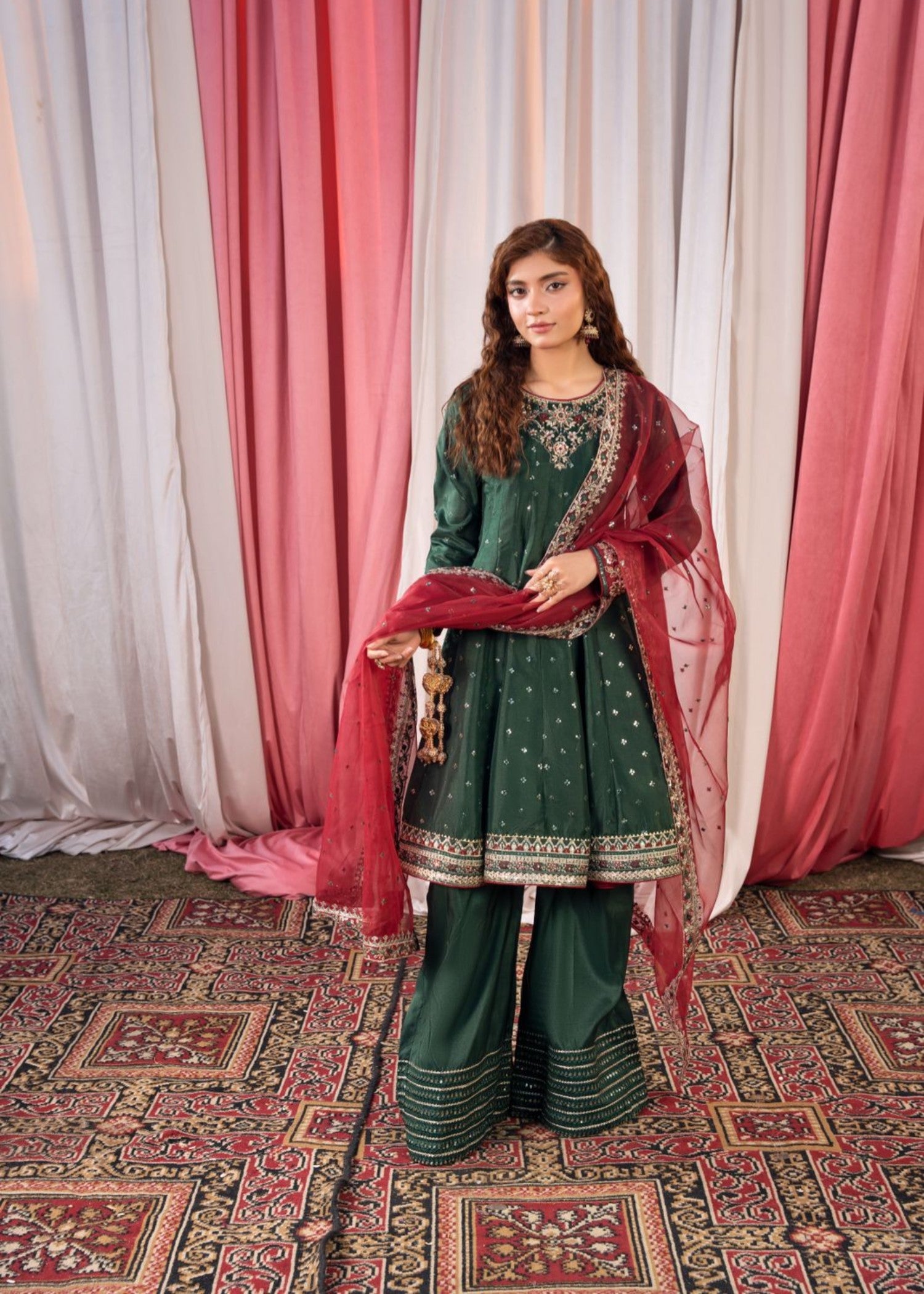 silk Sharara in Bottle green