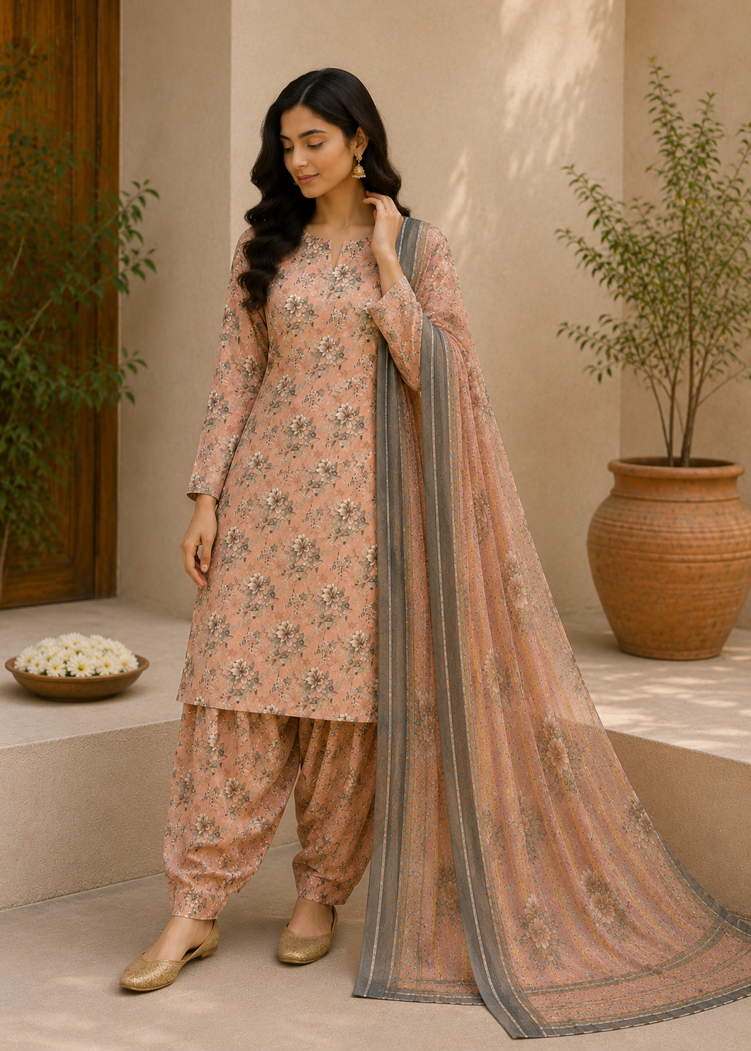 swiss lawn Unstitched in Peach pink