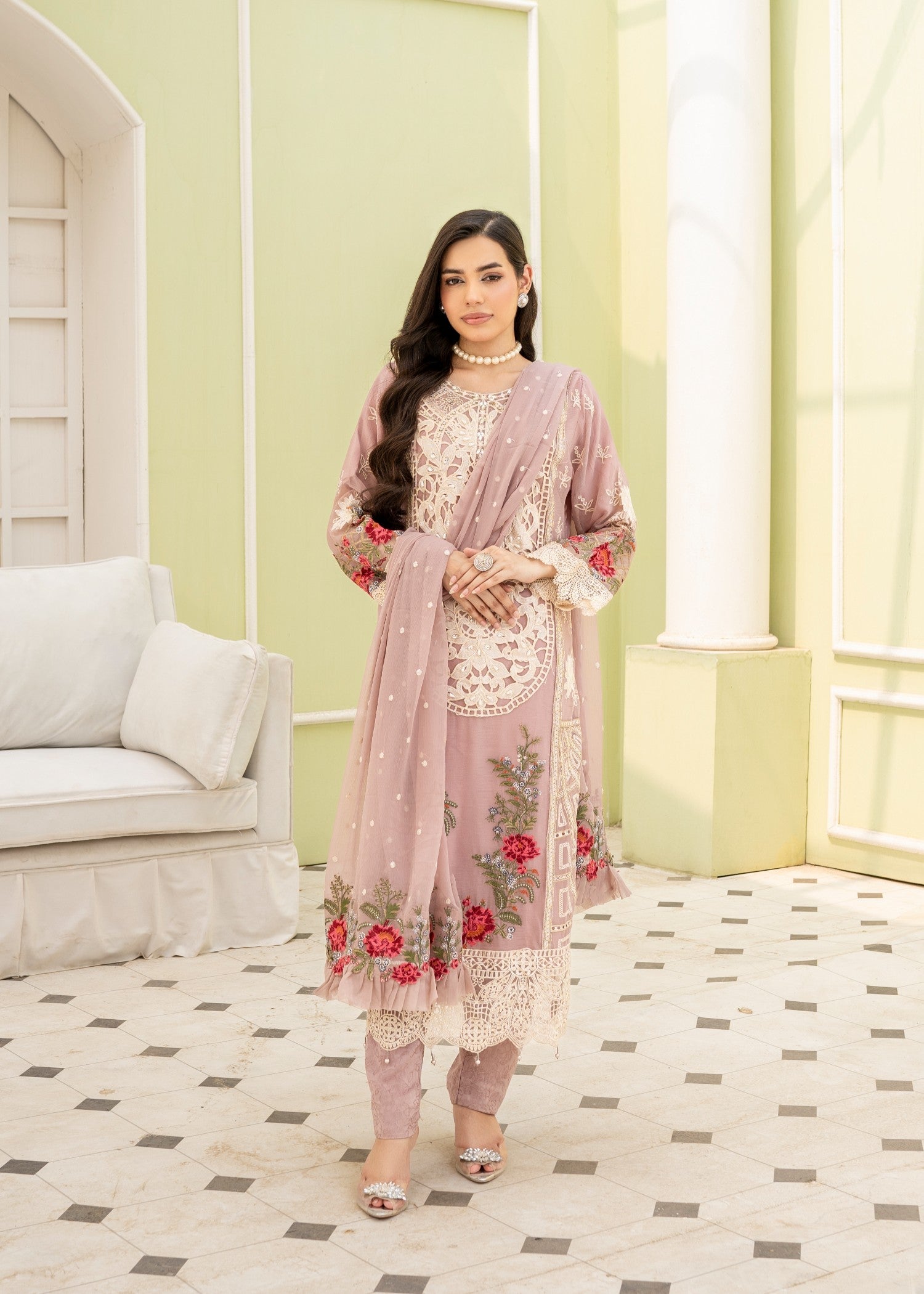 crinkle chiffon Kurta Set in Pink