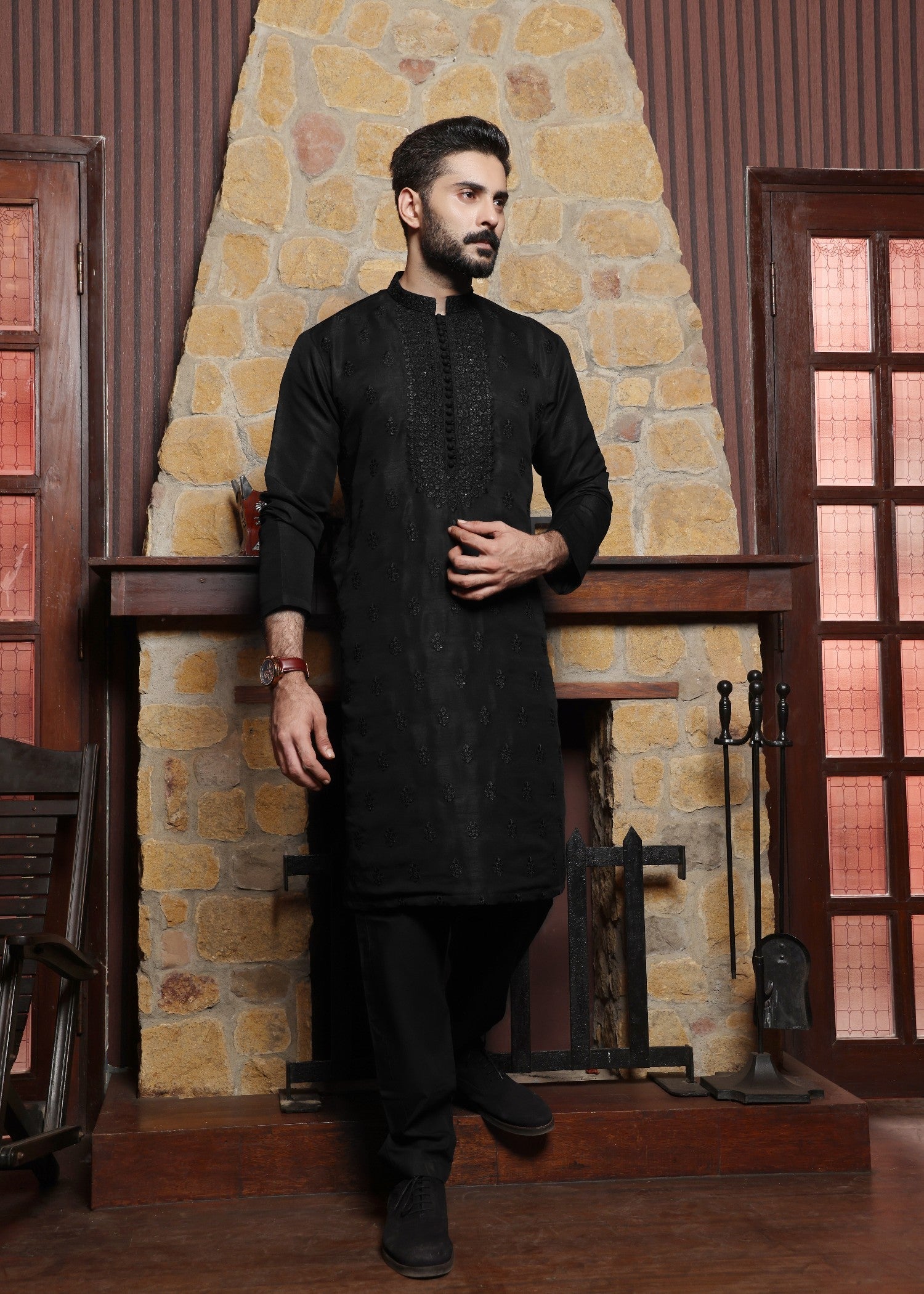 raw silk Kurta Set in Black