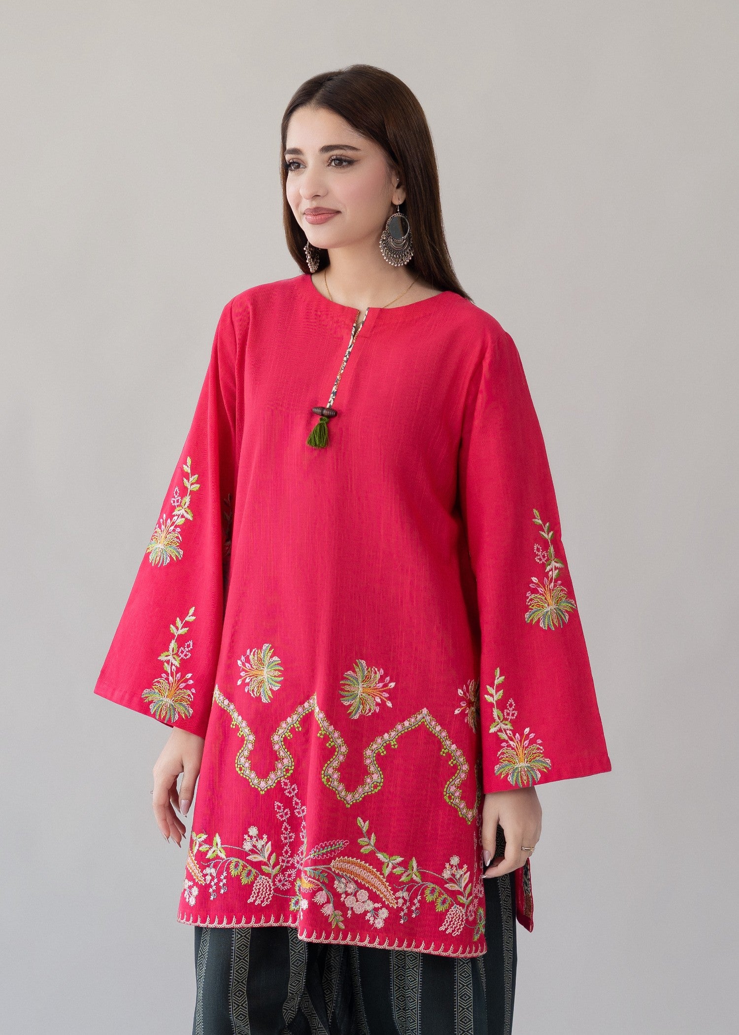 slub khaddar Kurta Set in Shocking pink