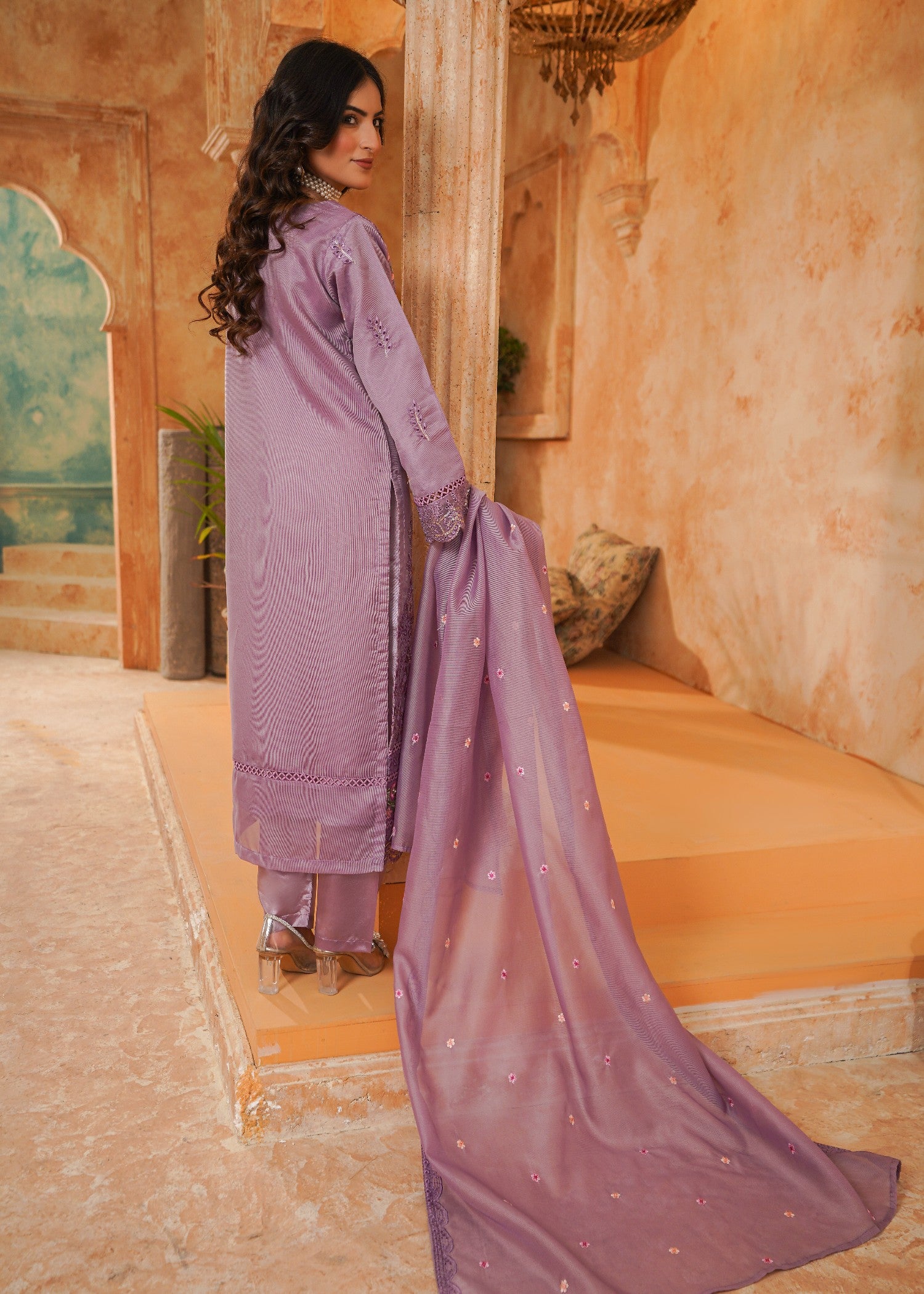 khaddi net Kurta Set in Lilac, heathered lilac
