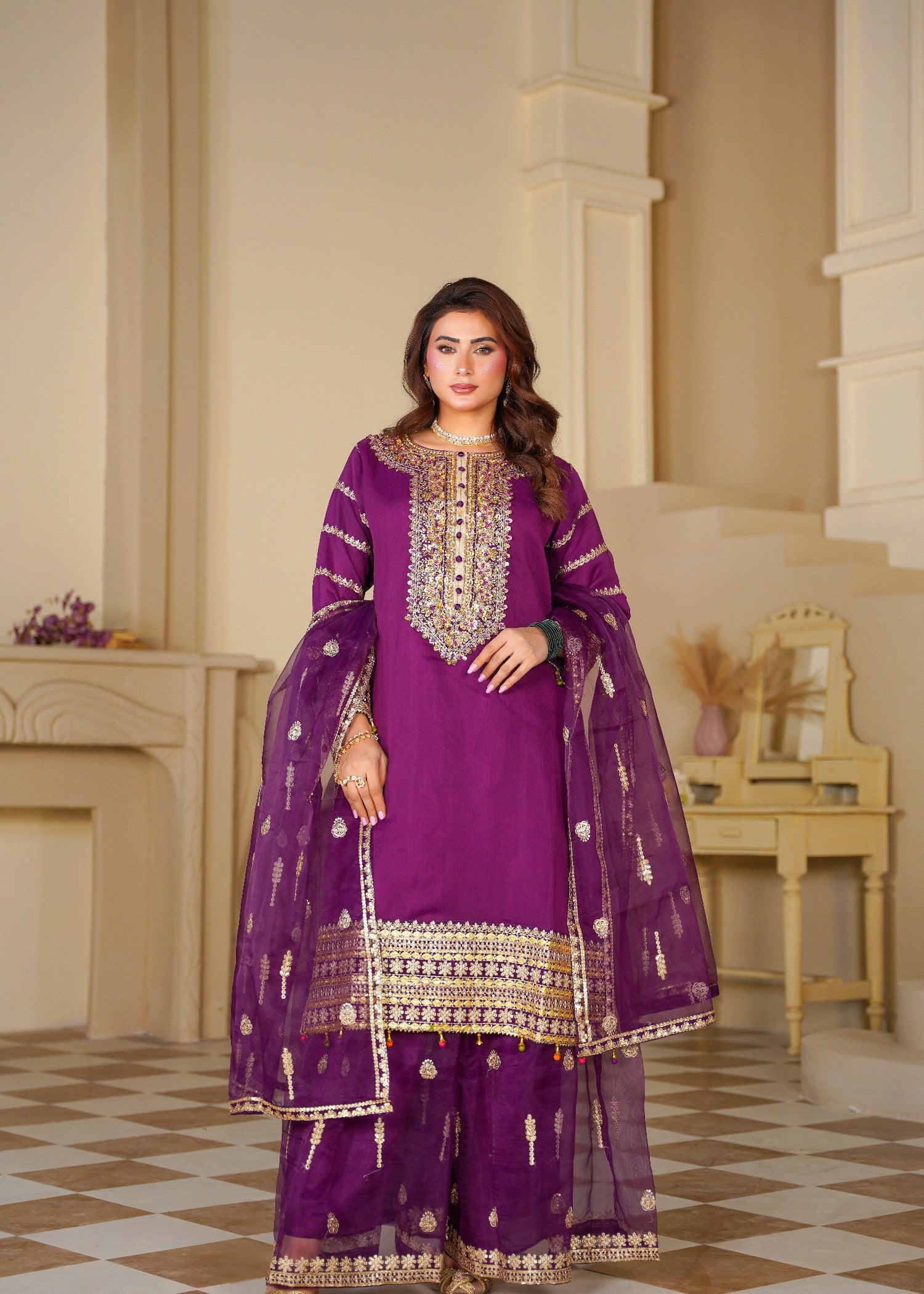 chiffon Sharara in Purple, gold