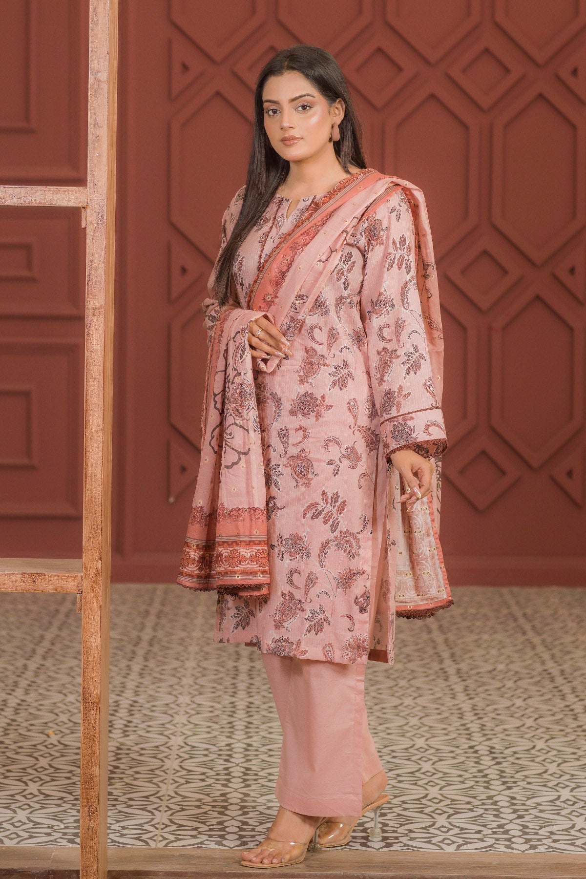 lawn voile Kurta Set in Peach pink