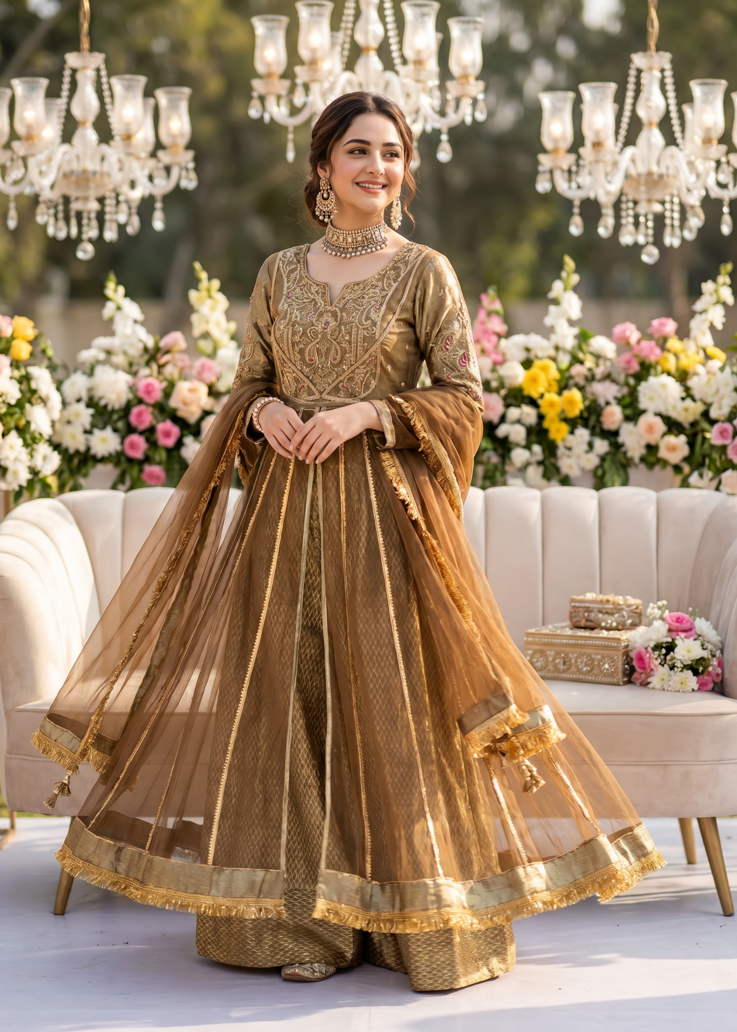zari net Pishwas in Golden brown