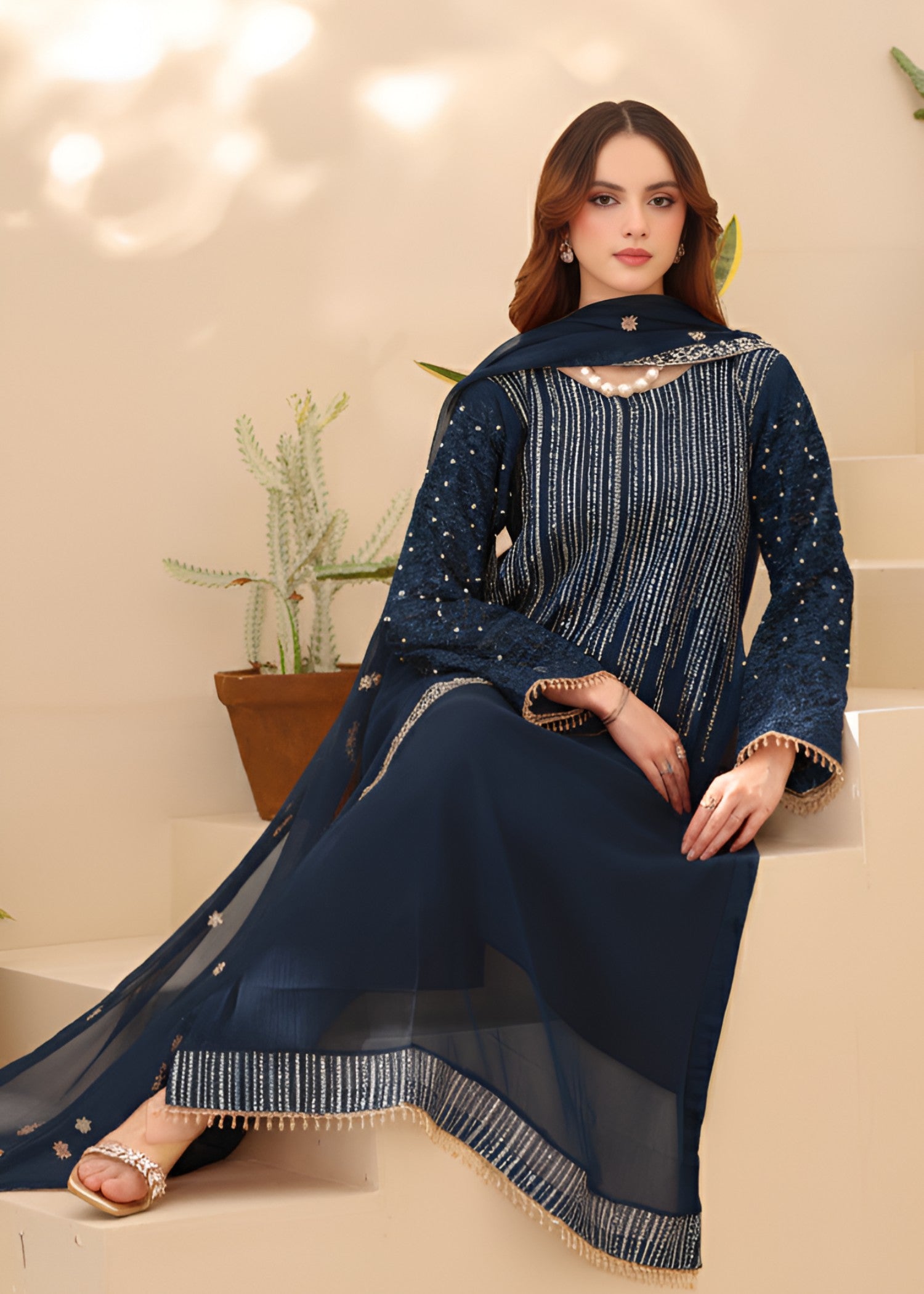 chiffon Kurta Set in Navy blue