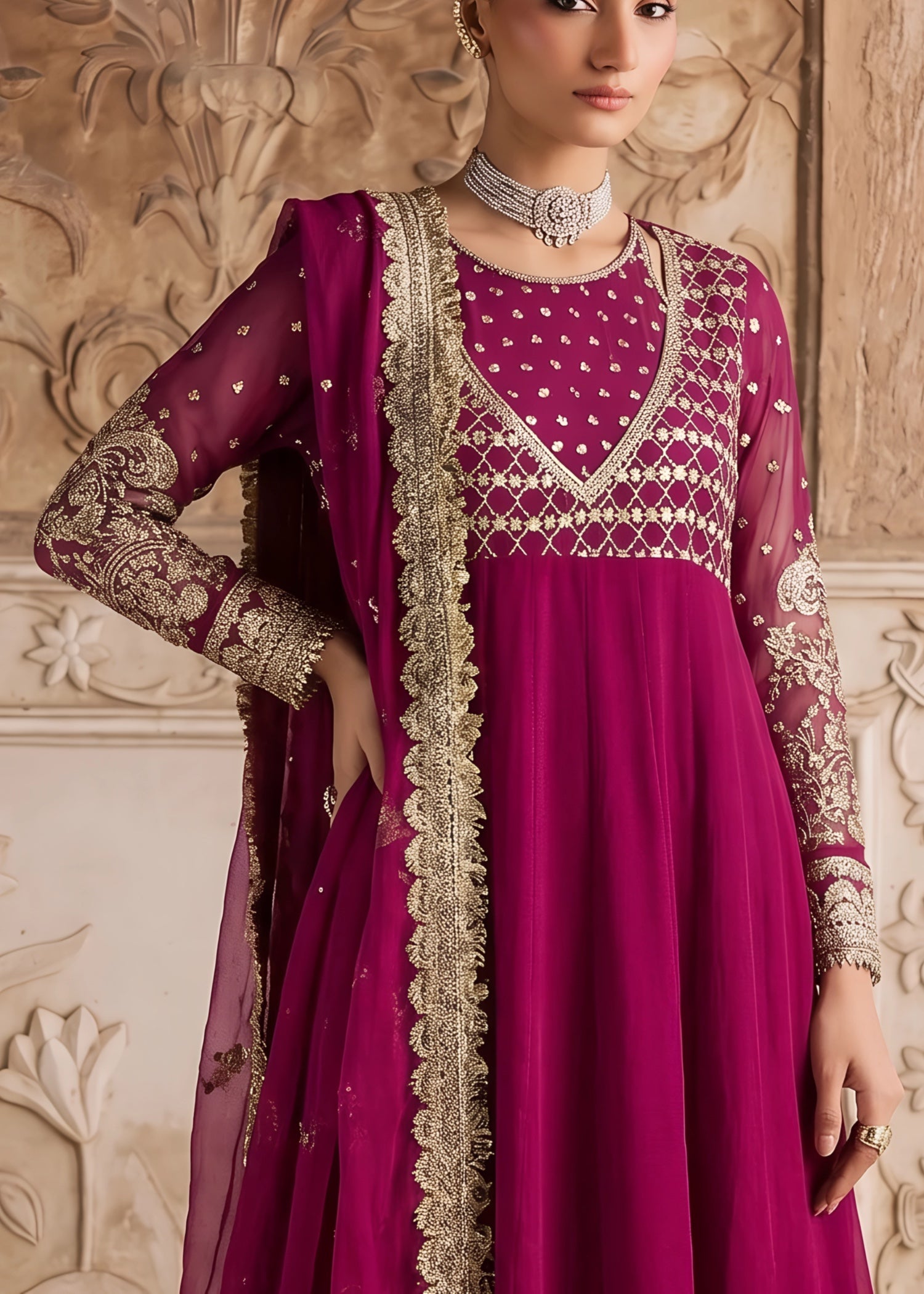 chiffon Pishwas in Magenta