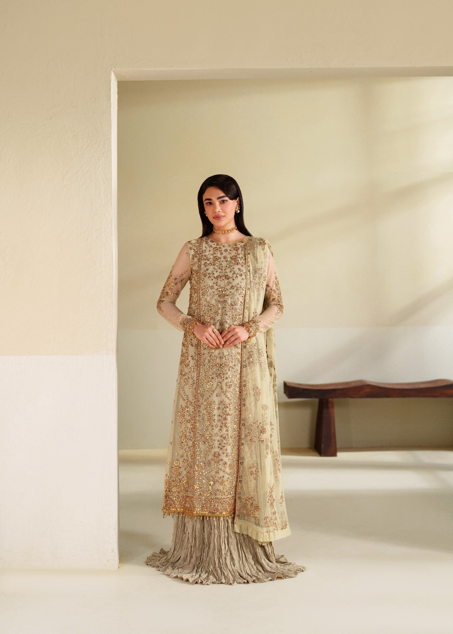 khaddi net Unstitched in Cream