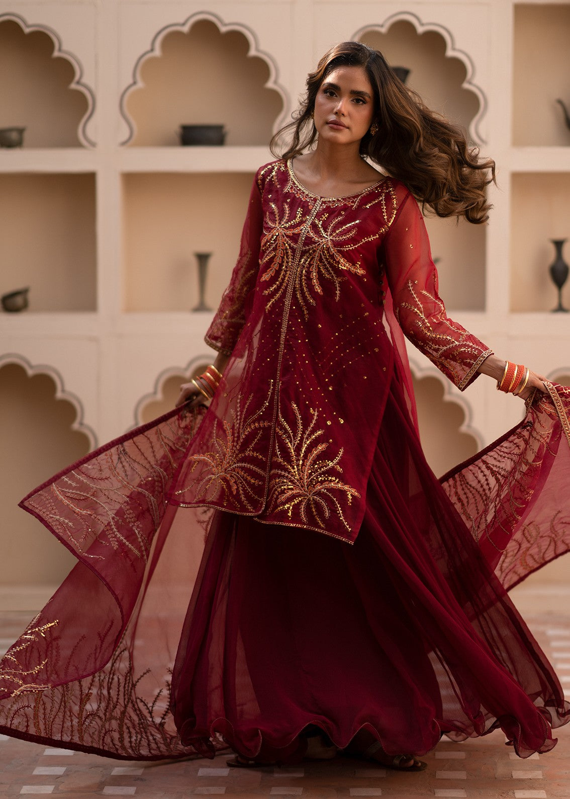 organza Pishwas in Maroon
