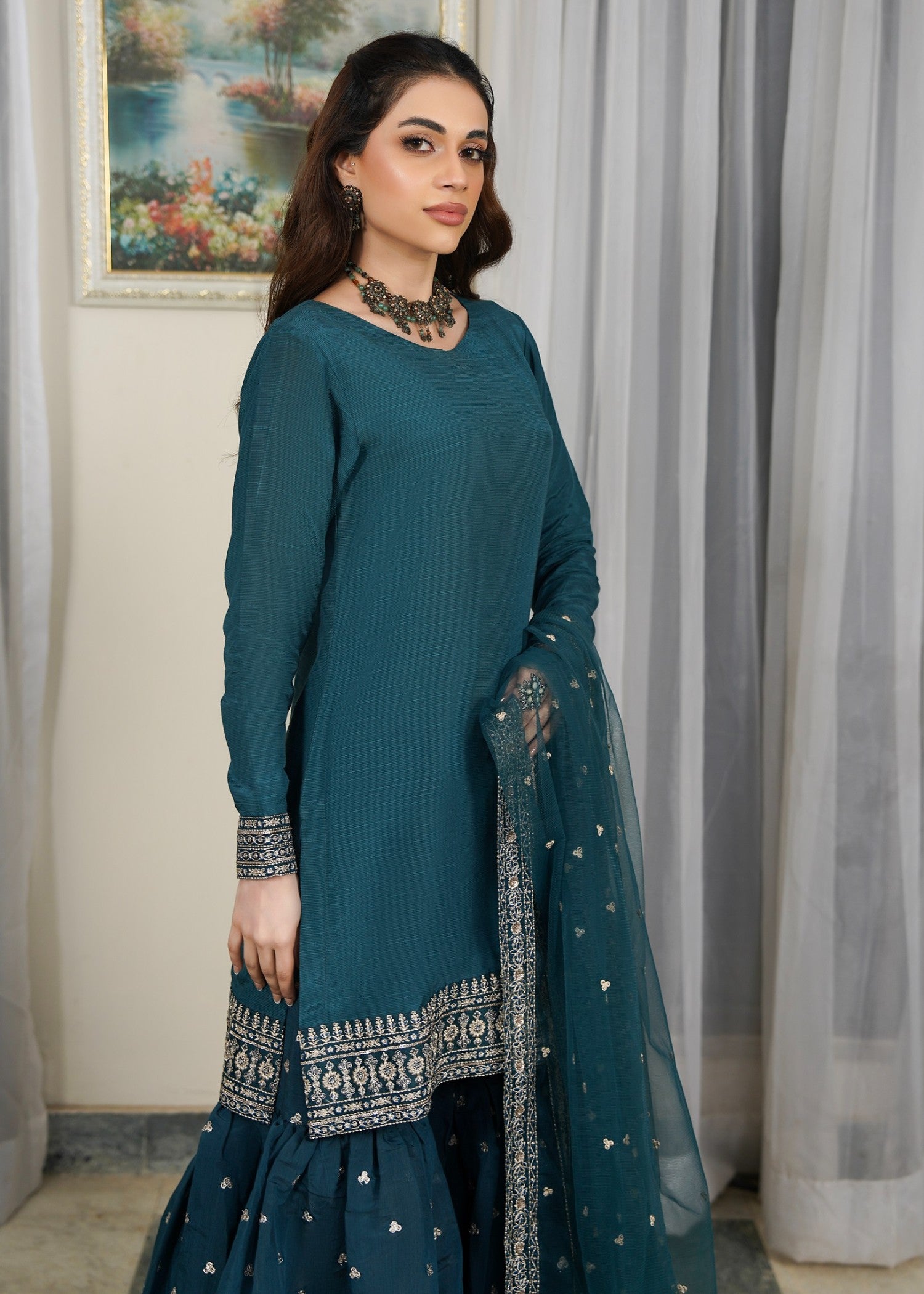 raw silk Gharara in Teal