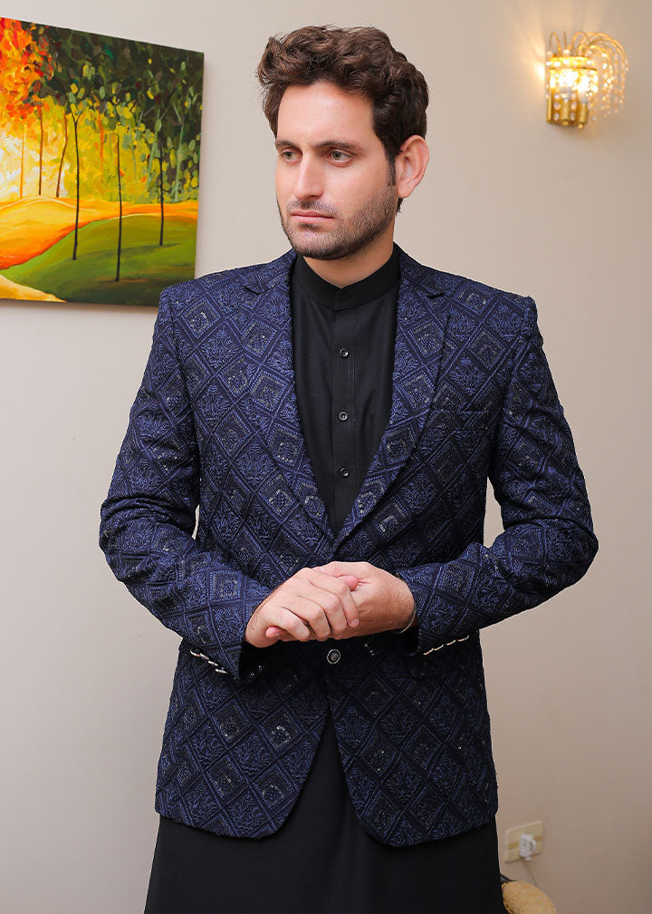 banarsi silk Prince Coat in Navy blue