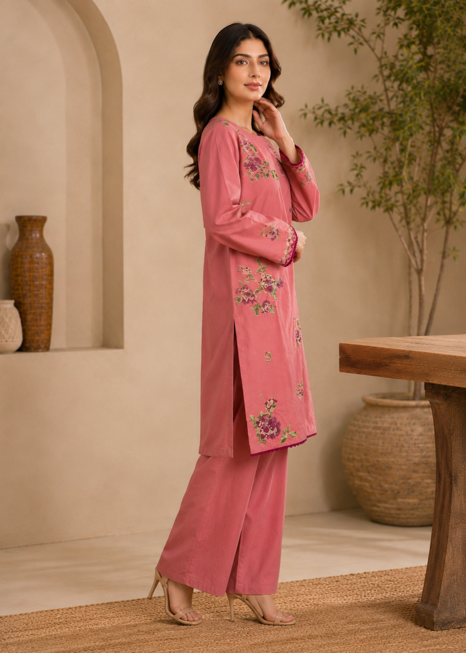 lawn Kurta Set in Salmon