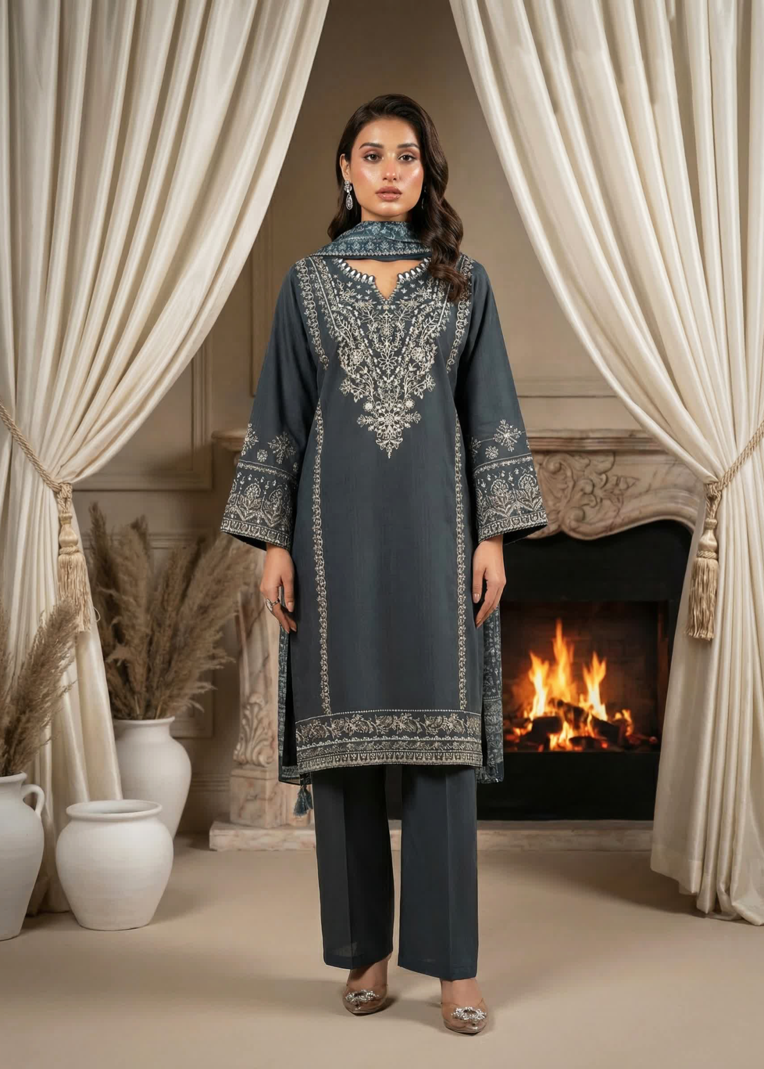 cotton Kurta Set in Zinc grey