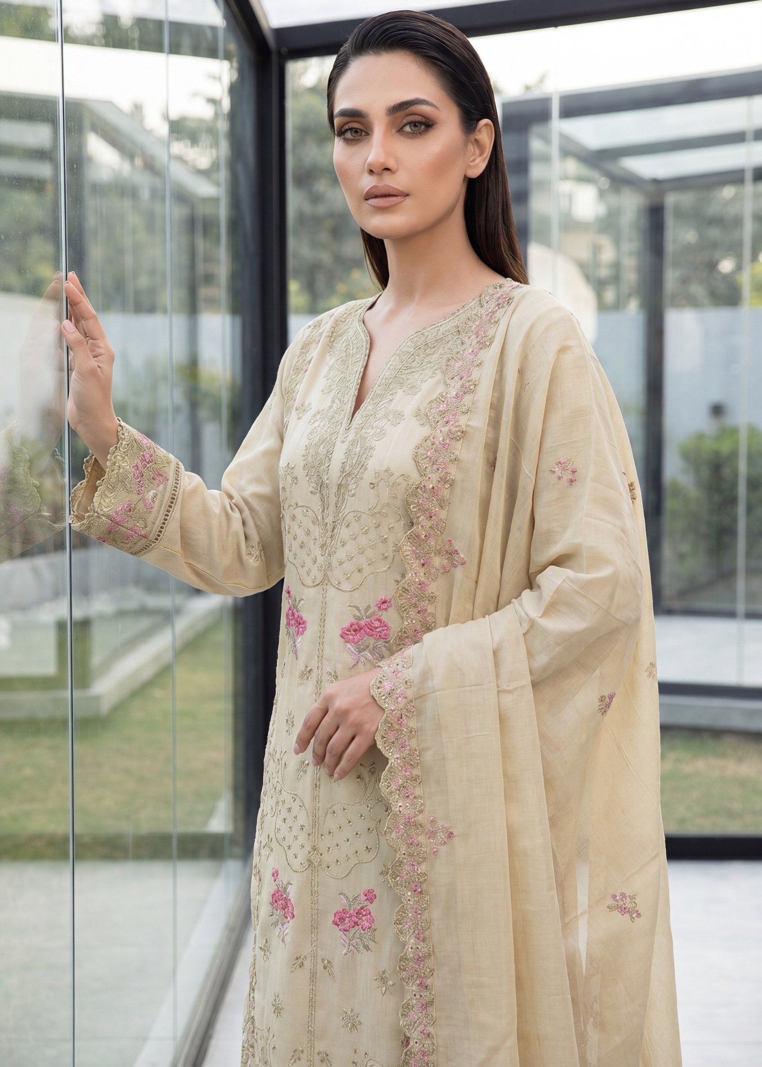 slub lawn Kurta Set in Tan brown