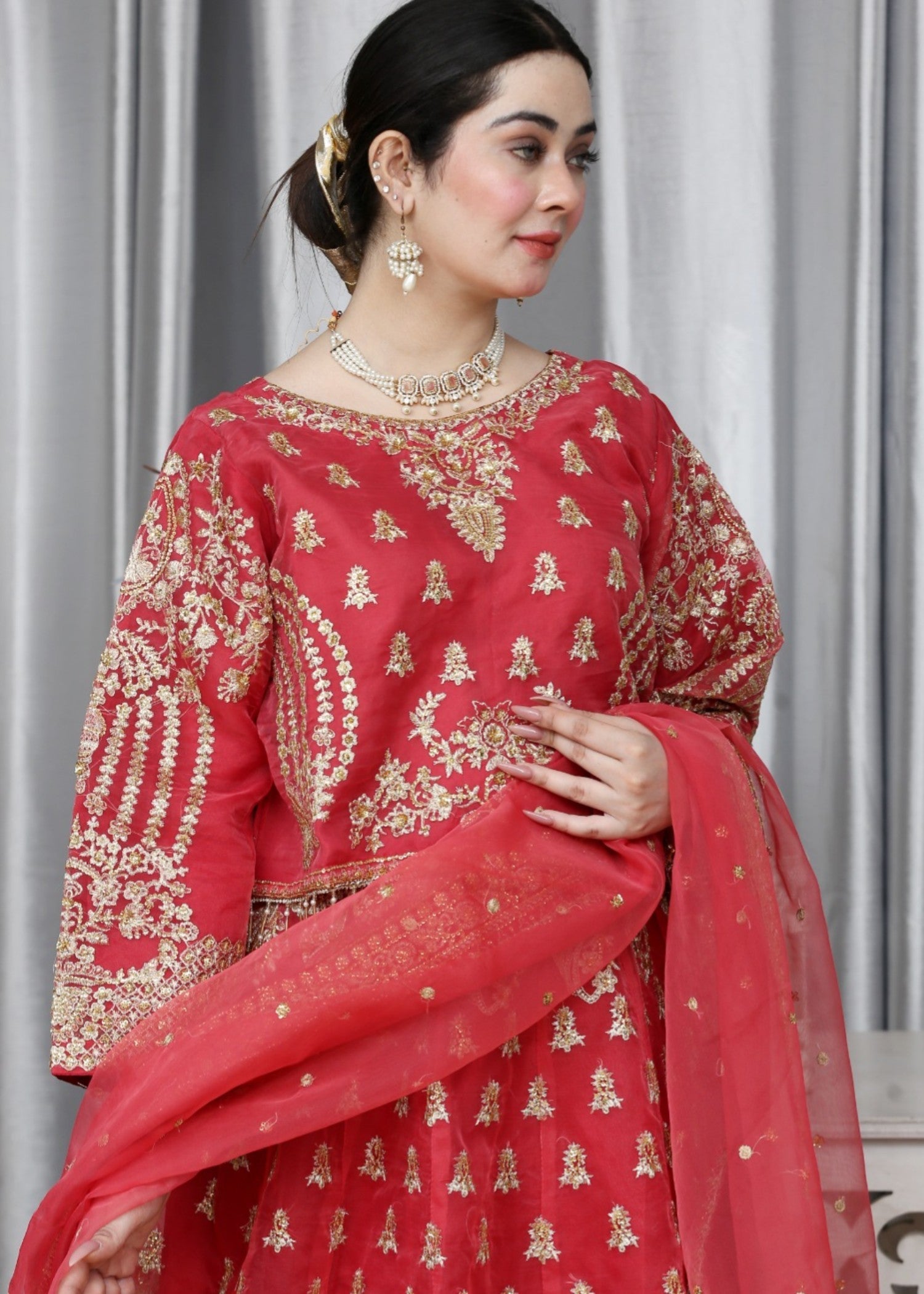organza Lehenga in Spicy red