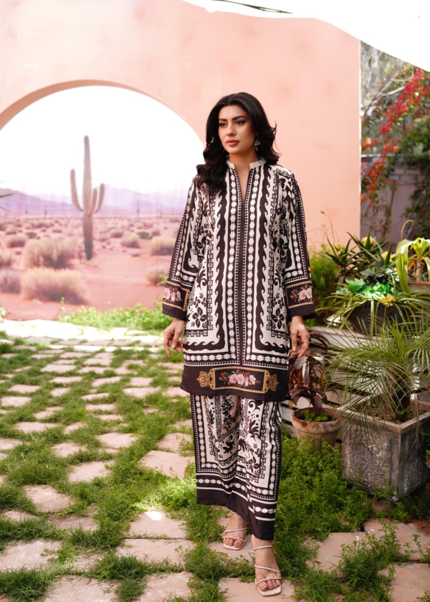 poly lawn Co Ord Sets in Black, beige