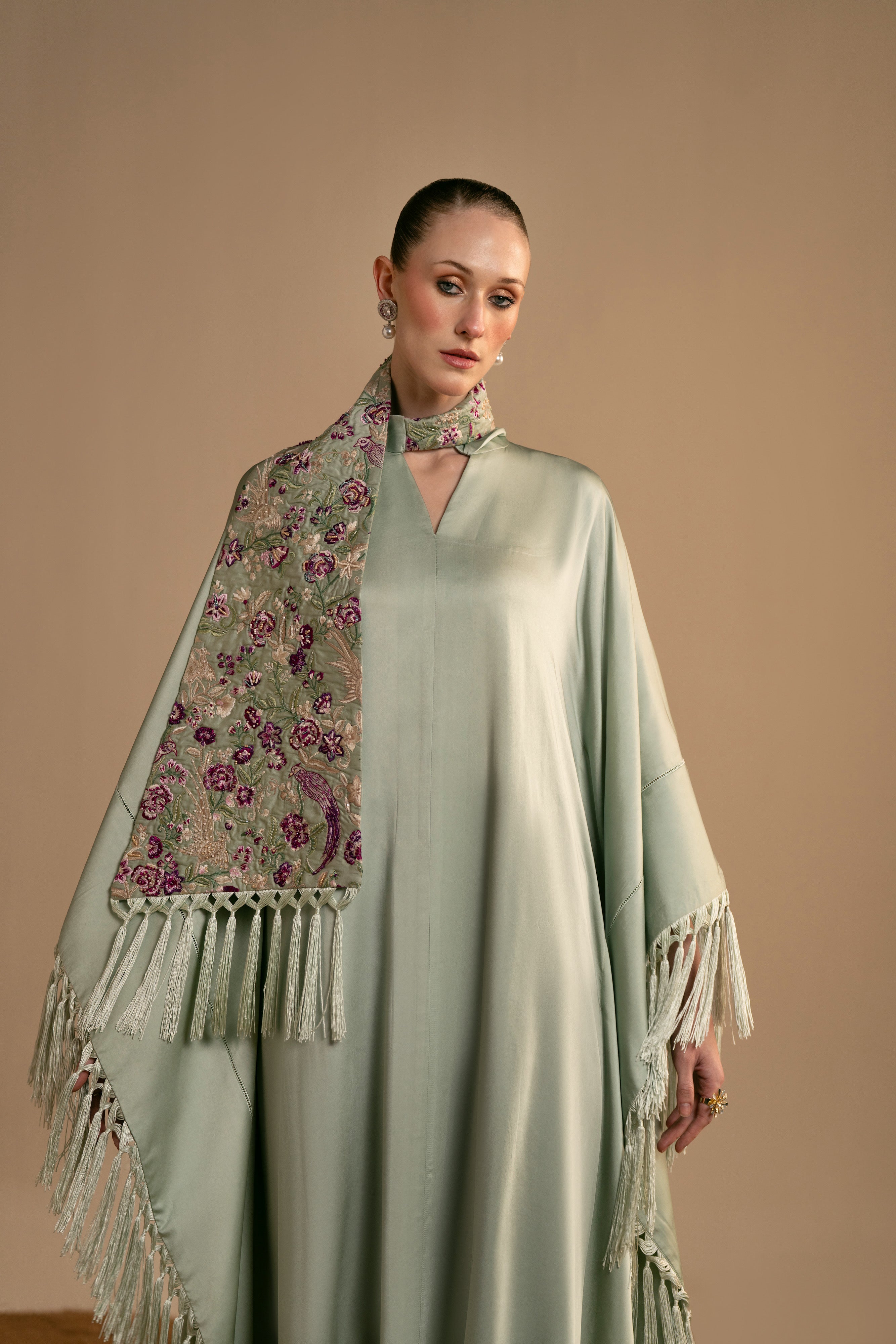satin silk Kaftan in Sage green