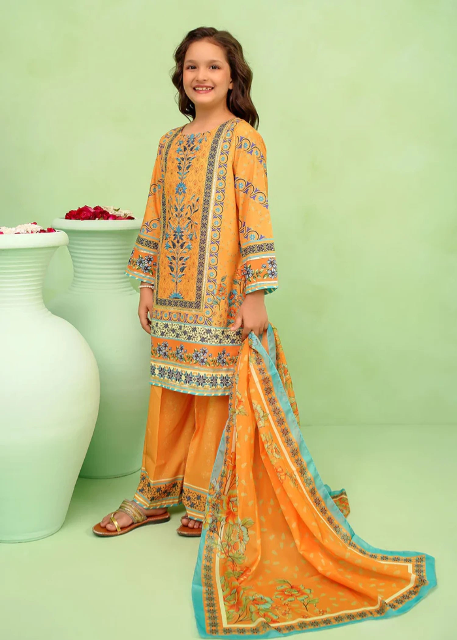 poly lawn Kurta Set in Yellow-orange