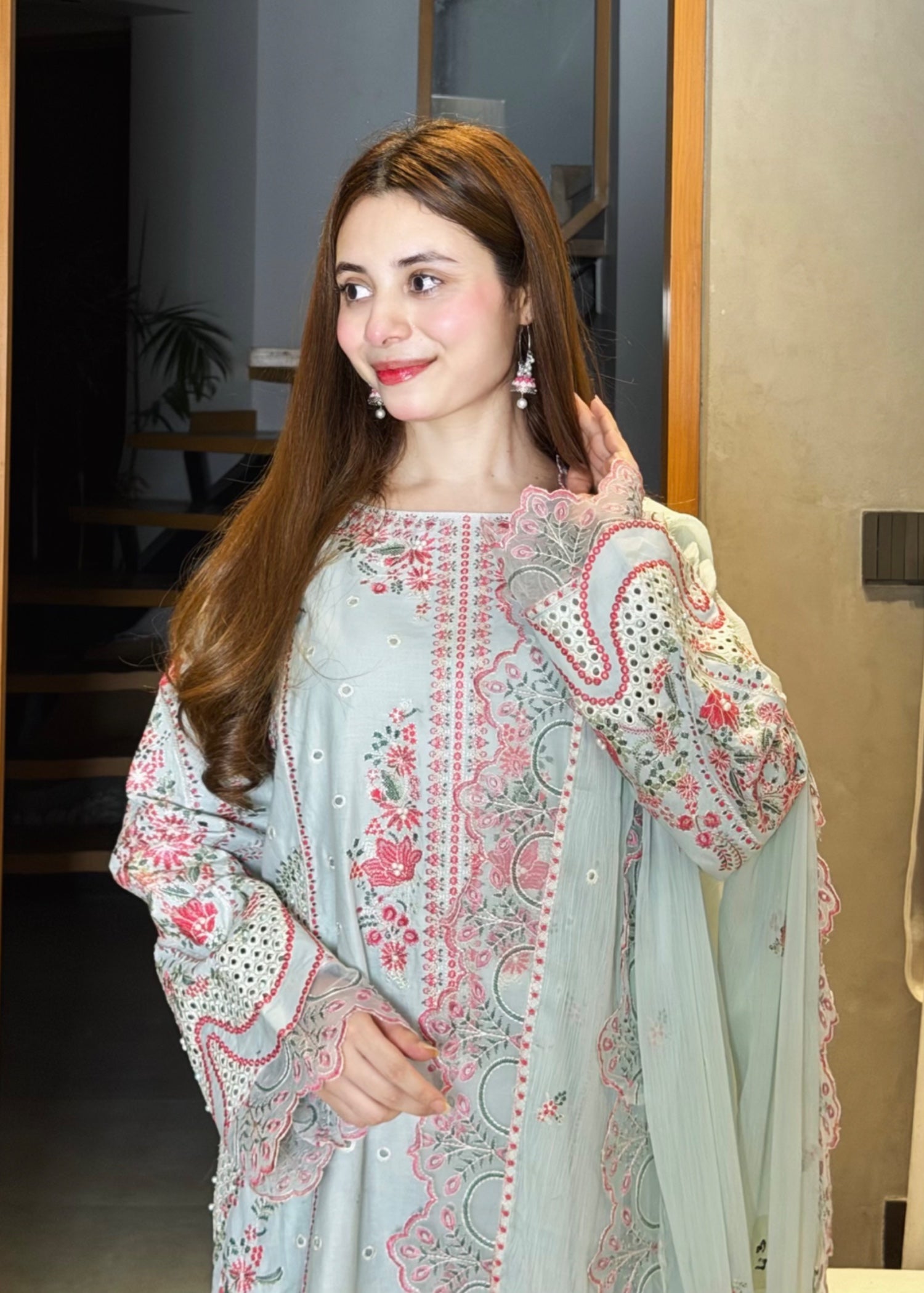 lawn Kurta Set in Ash grey, pink