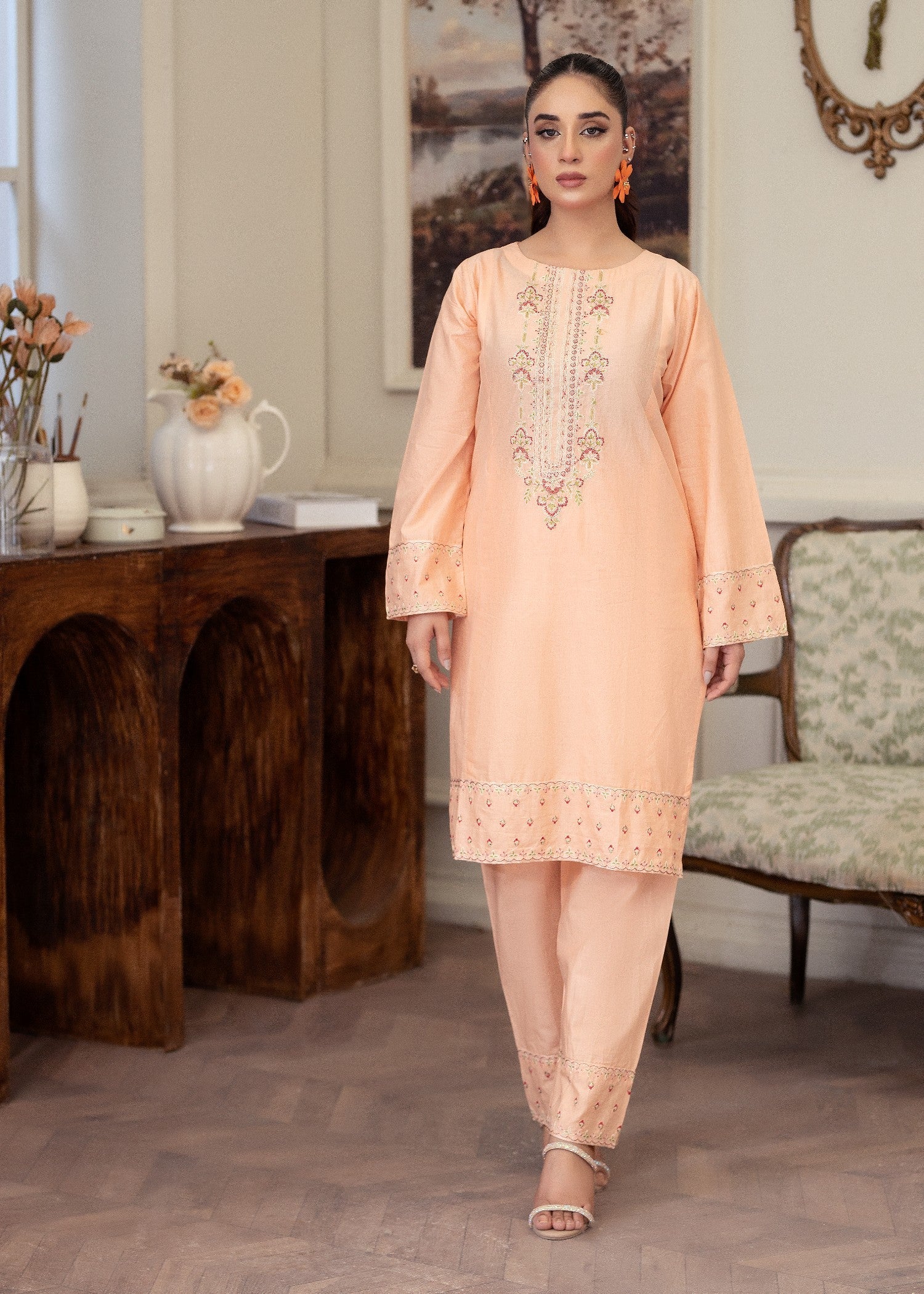 lawn cotton Kurta Set in Peach pink
