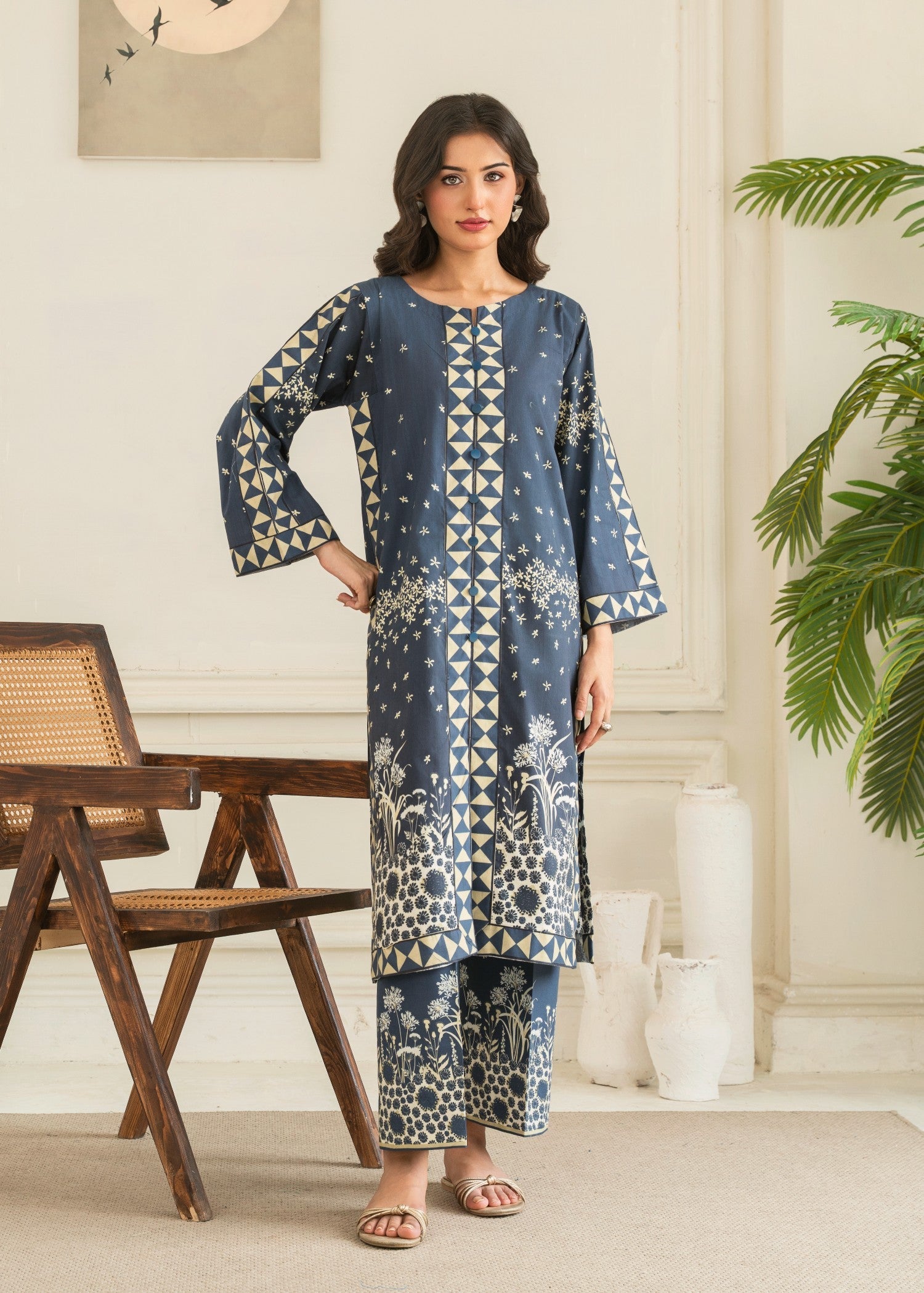 cotton Co Ord Sets in Dark blue, beige